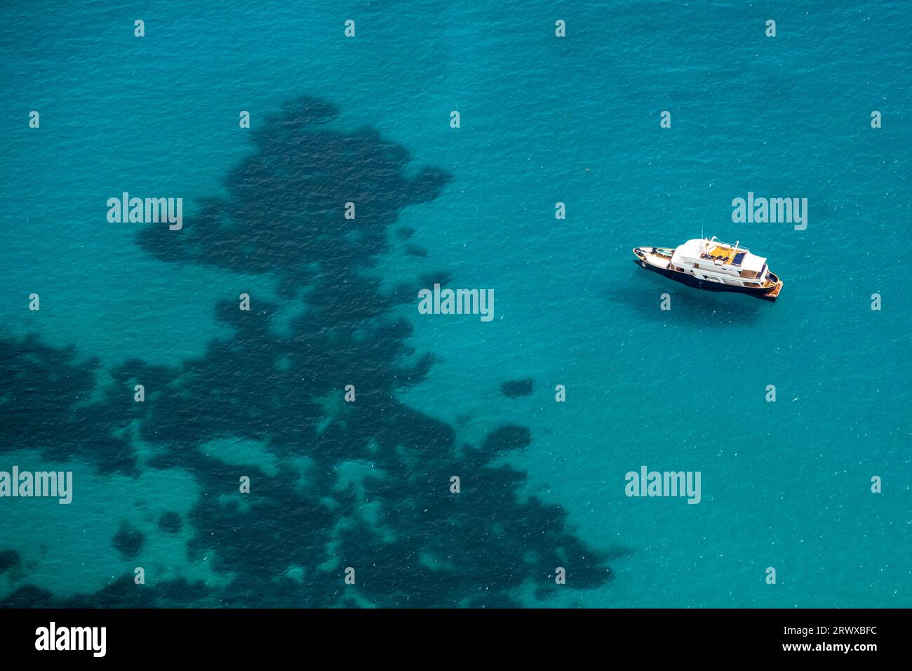 Aerial view, yacht in the sea in front of Peguera, Calvia, Balearic Islands, Mallorca, Spain, Balearen, Boat, CalviÃƒÂ , ES, Europe, Yachts, Aerial ph Stock Photo