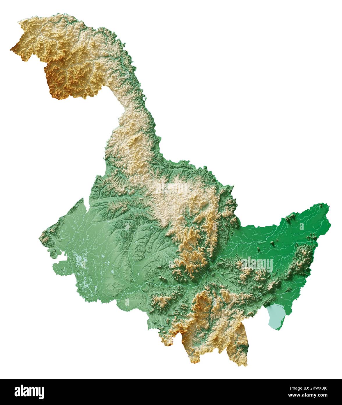 Heilongjiang. A province of China. A detailed 3D rendering of a shaded relief map with rivers and lakes. Colored by elevation. Pure white background. Stock Photo