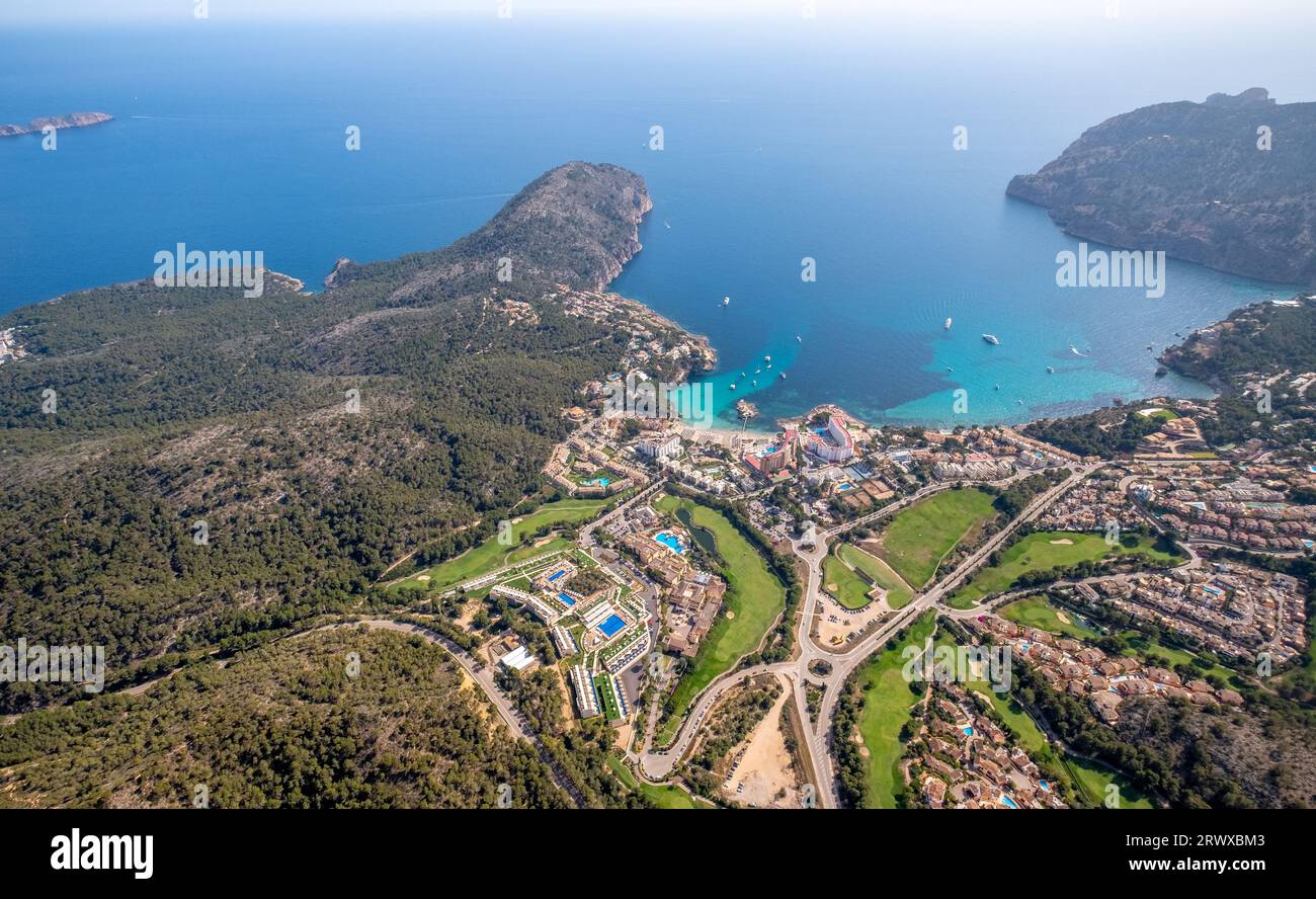 Aerial view, Wooded bay and Playa Roca de Camp de Mar, Hotel Alua Gran ...