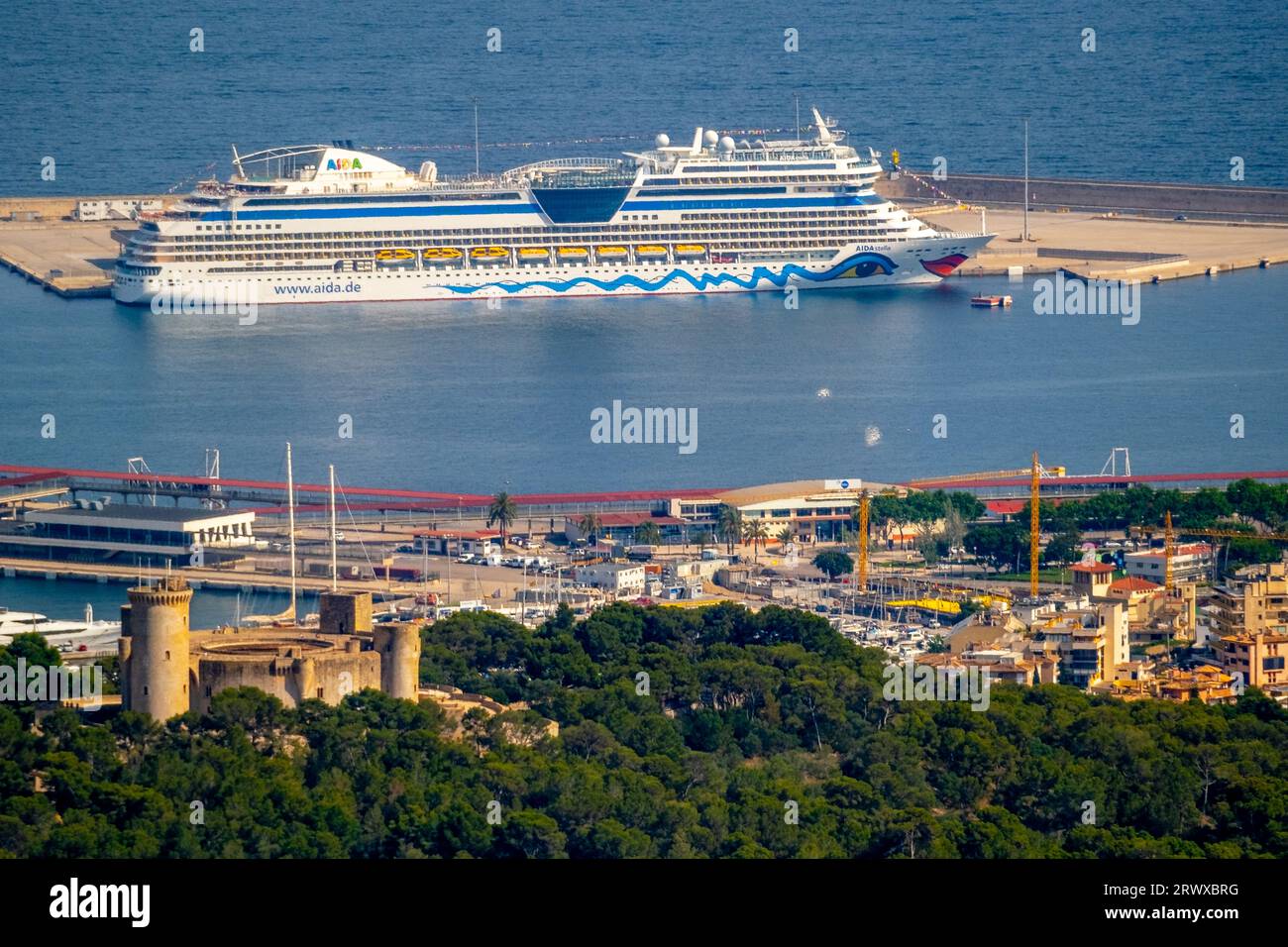 Aerial view, cruise ship AIDA Stella in Port Pi, Palma, Balearic Islands, Mallorca, Spain, AIDAstella, Balearen, ES, Europe, Port, Cruise, Cruise ship Stock Photo