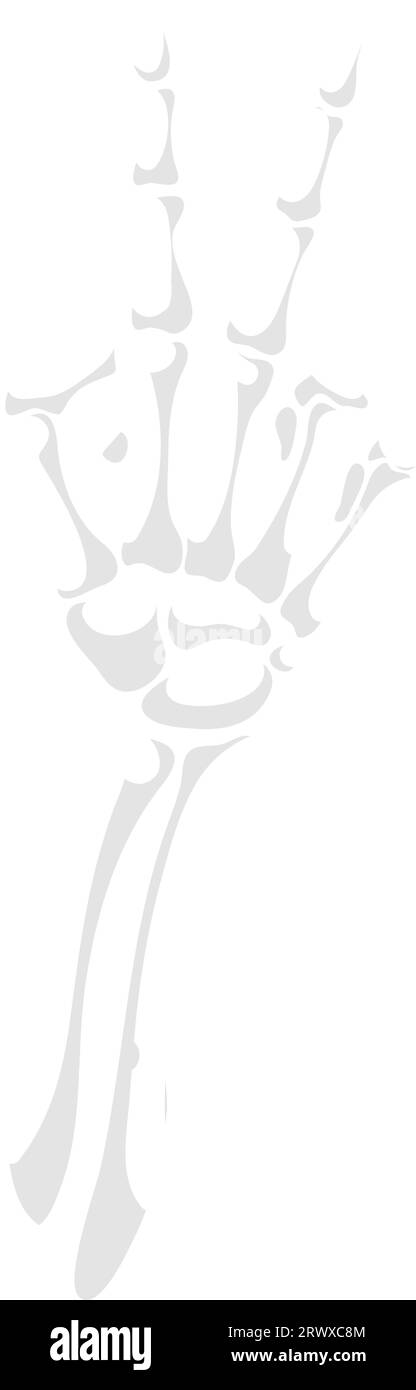 Skeleton hand forming the iconic V for victory gesture. Isolated vector skeletal arm with outstretched bony fingers, symbolizing triumph and success with eerie, Halloween charm Stock Vector