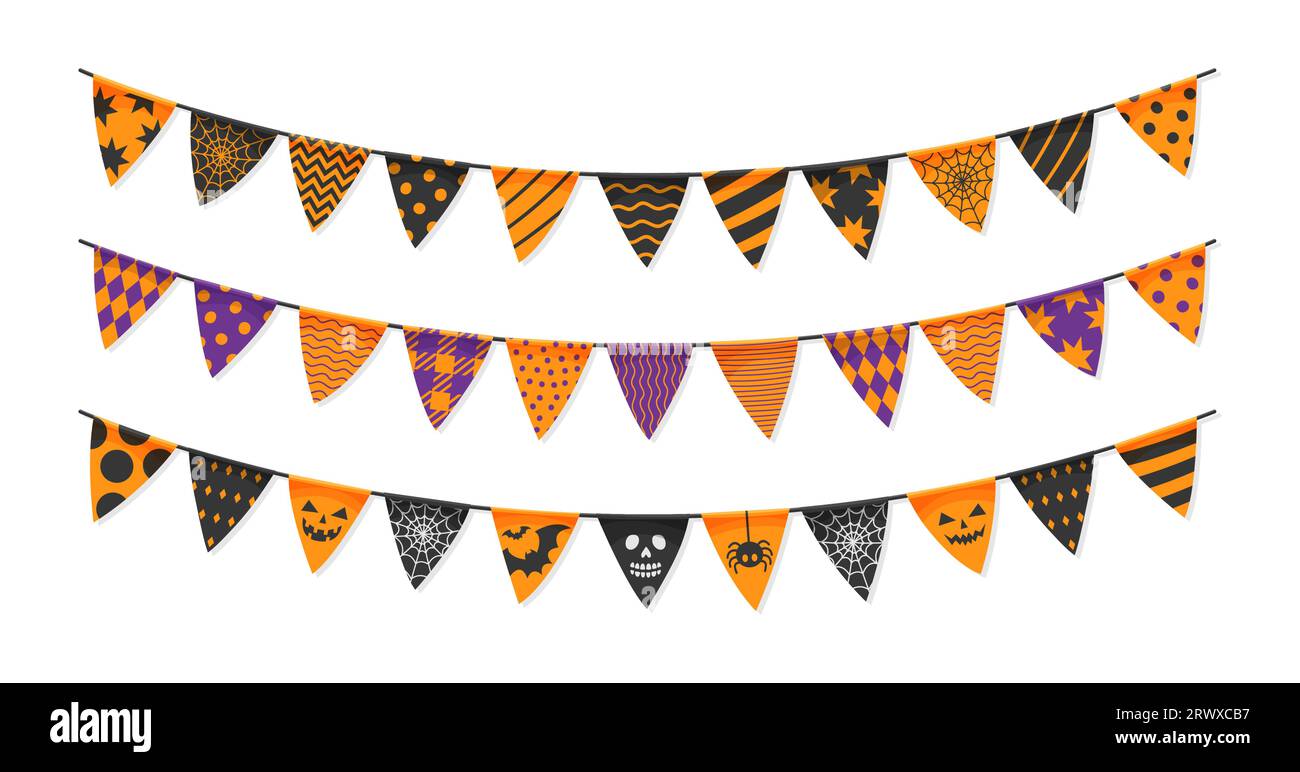 Halloween holiday garland pennants and flags. Halloween trick or treat party vector decor