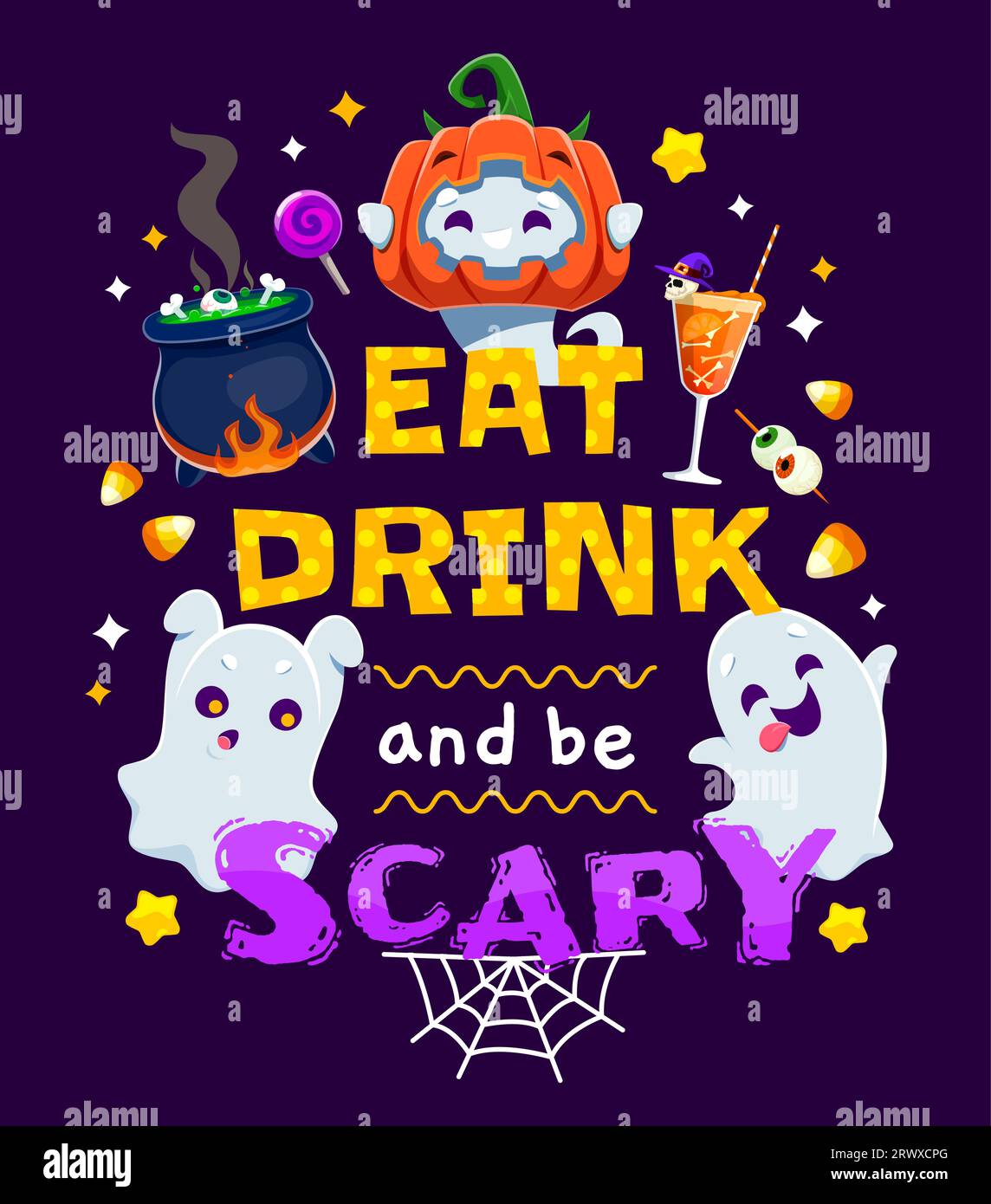 Halloween holiday party eat drink and be scary quote. Cartoon vector ...