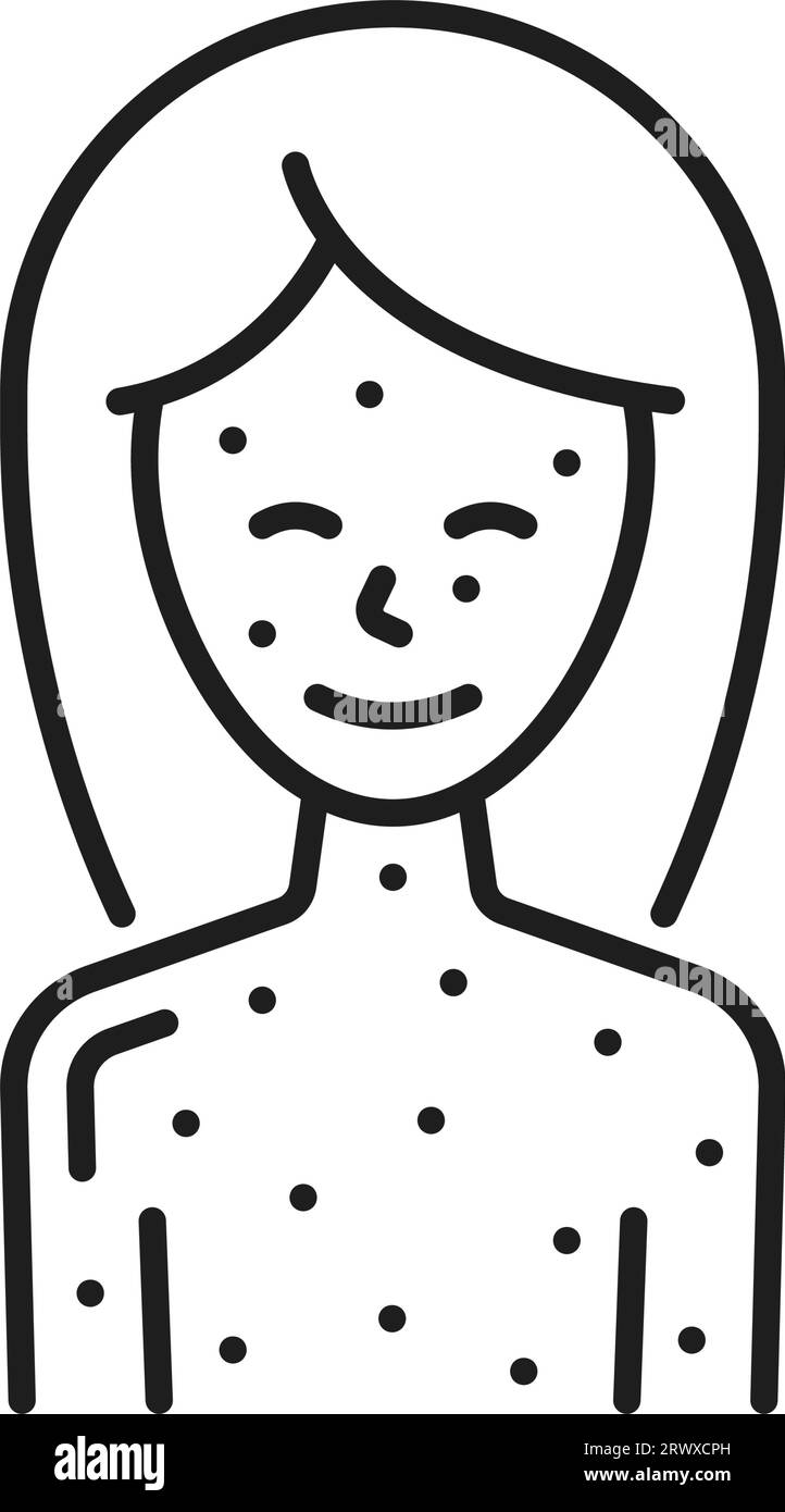 Baby girl with skin rash, hives, urticaria or eczema, irritation or chickenpox, rubeola, measles. Food, medication allergy reaction thin line icon Stock Vector