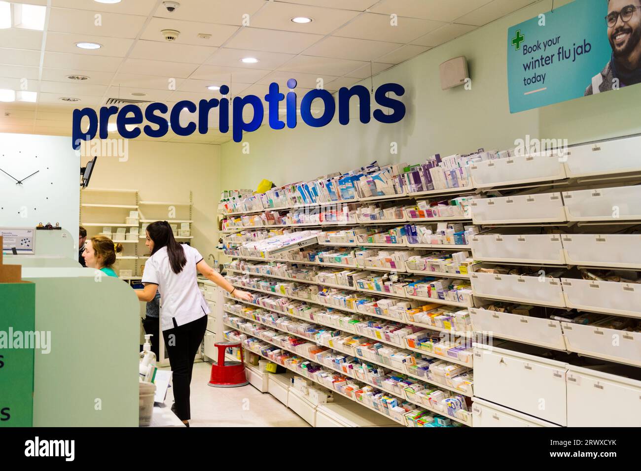 Pharmacy prescriptions at Boots the chemist department store. Belfast