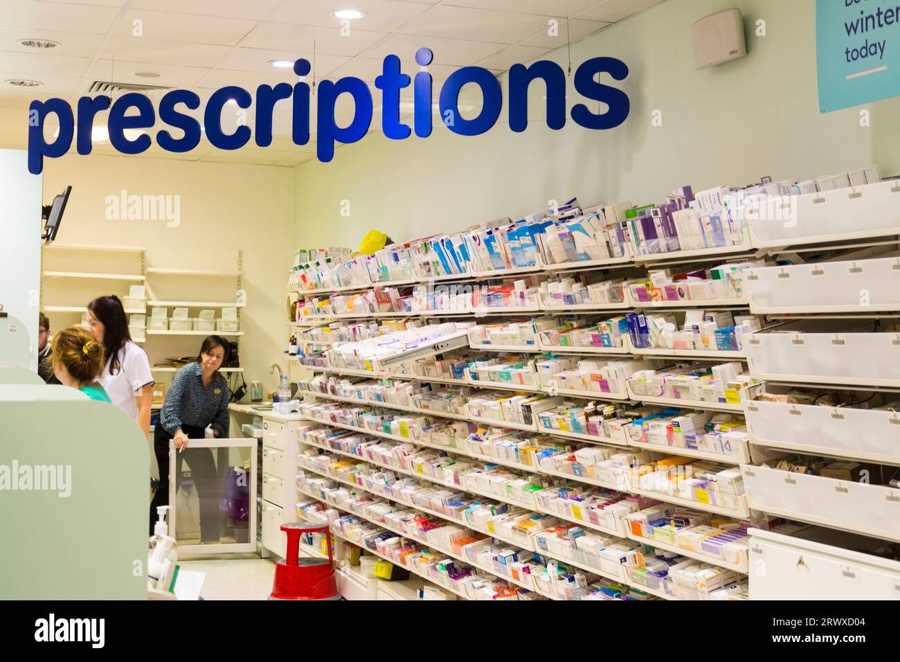 Pharmacy prescriptions at Boots the chemist department store. Belfast ...