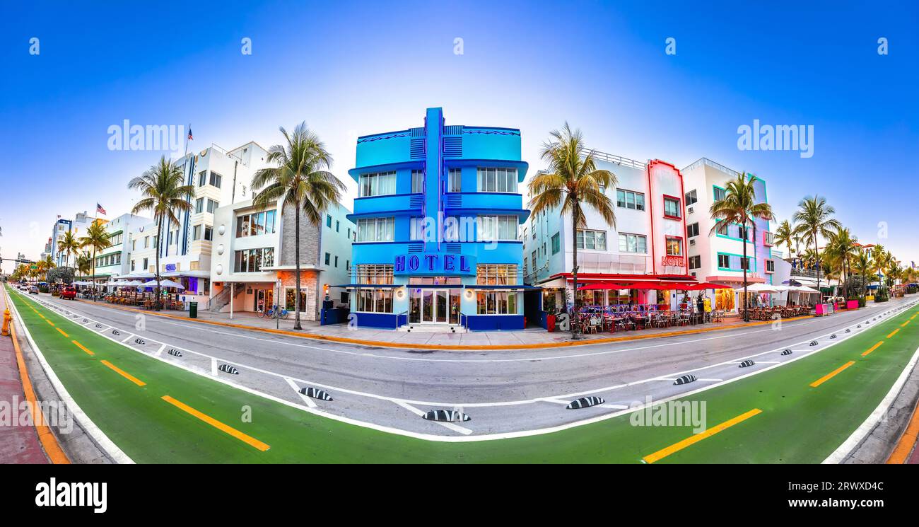 Miami South Beach Ocean Drive colorful Art Deco street sundown view, Florida state in United States of America Stock Photo