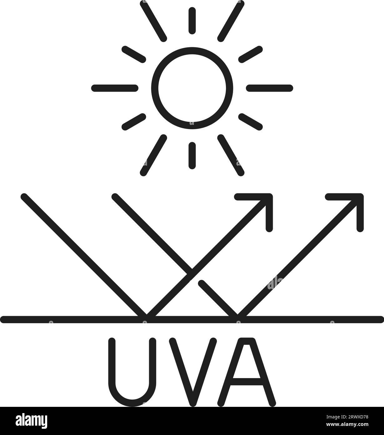 UVA sunlight, source of UV radiation from sun. Vector summer sun, ultraviolet protection sign. Sunscreen cosmetics. UVA sun rays reflection arrows Stock Vector