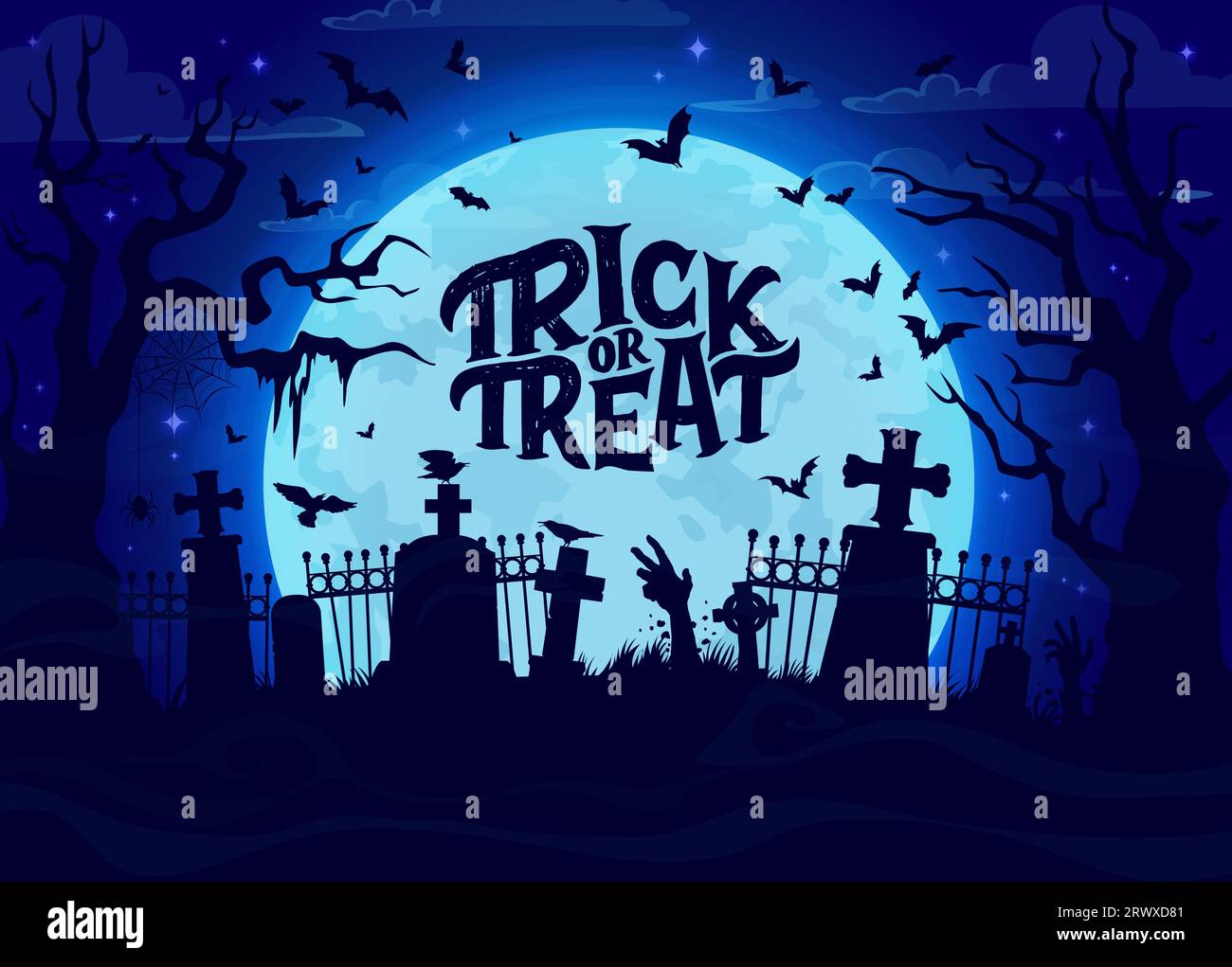 Halloween cemetery landscape silhouette with zombie hands and