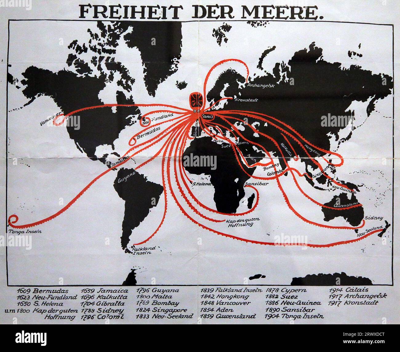 Octopus Map 1918.Militärische Stelle de Auswärtigen.Freiheit der Meere.Germany.photolithograph.Military Office of Foreign Affairs.Freedom of the Seas. Stock Photo