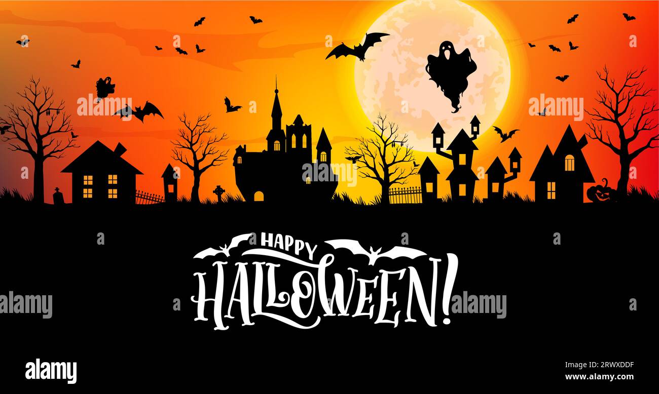 Halloween town silhouette. Vector banner with moonlit creepy cityscape shrouded in darkness, where eerie shadows of haunted houses, gnarled trees and ghost figures set stage at spooky night of frights Stock Vector