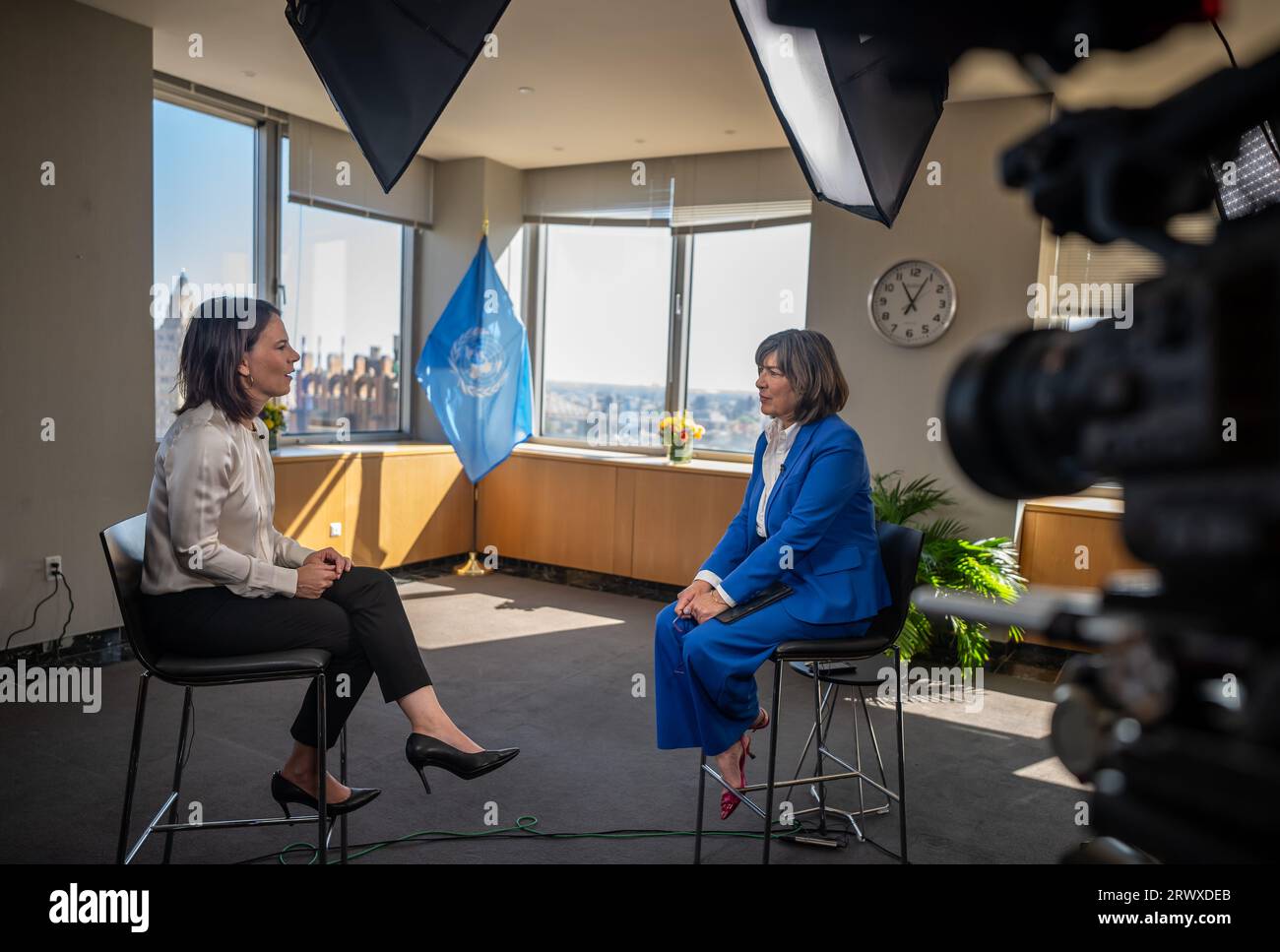 New York, USA. 21st Sep, 2023. Annalena Baerbock (Bündnis90/Die Grünen), foreign minister, sits across from CNN reporter Christiane Amanpour during a TV interview. Baerbock is in New York for the UN General Assembly. Credit: Michael Kappeler/dpa/Alamy Live News Stock Photo