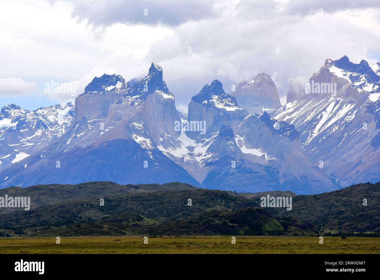 Torres del Paine National Park. Cuernos del Paine. This mountain is a laccolith, light rock is granite and dark rock is a metamorfic rock. Provincia d Stock Photo