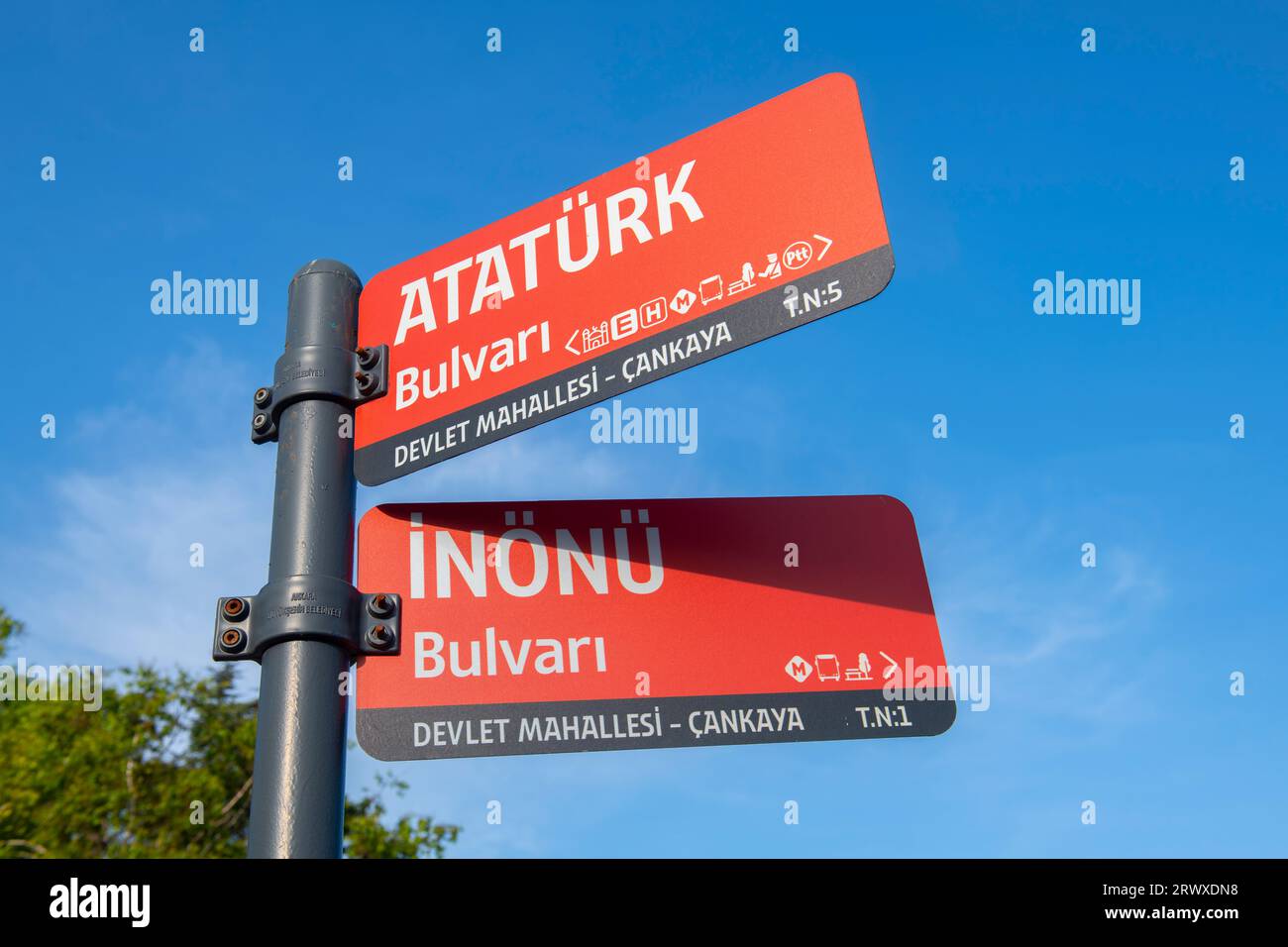 Road sign of Ataturk Boulevard and Inonu Boulevard near Grand National Assembly in city center of Ankara, Turkey. Stock Photo