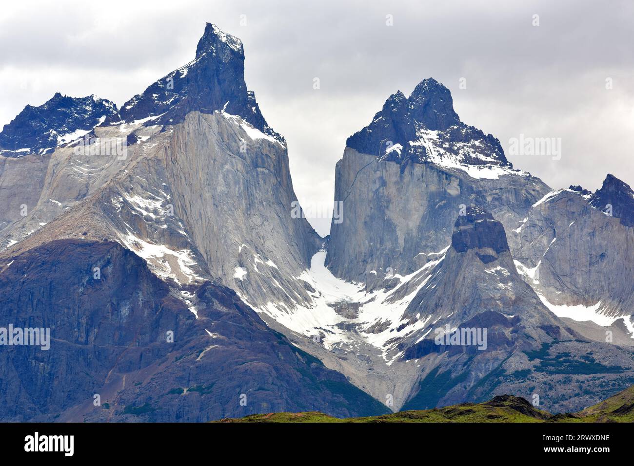 Torres del Paine National Park. Cuernos del Paine. This mountain is a laccolith, light rock is granite and dark rock is a metamorfic rock. Provincia d Stock Photo