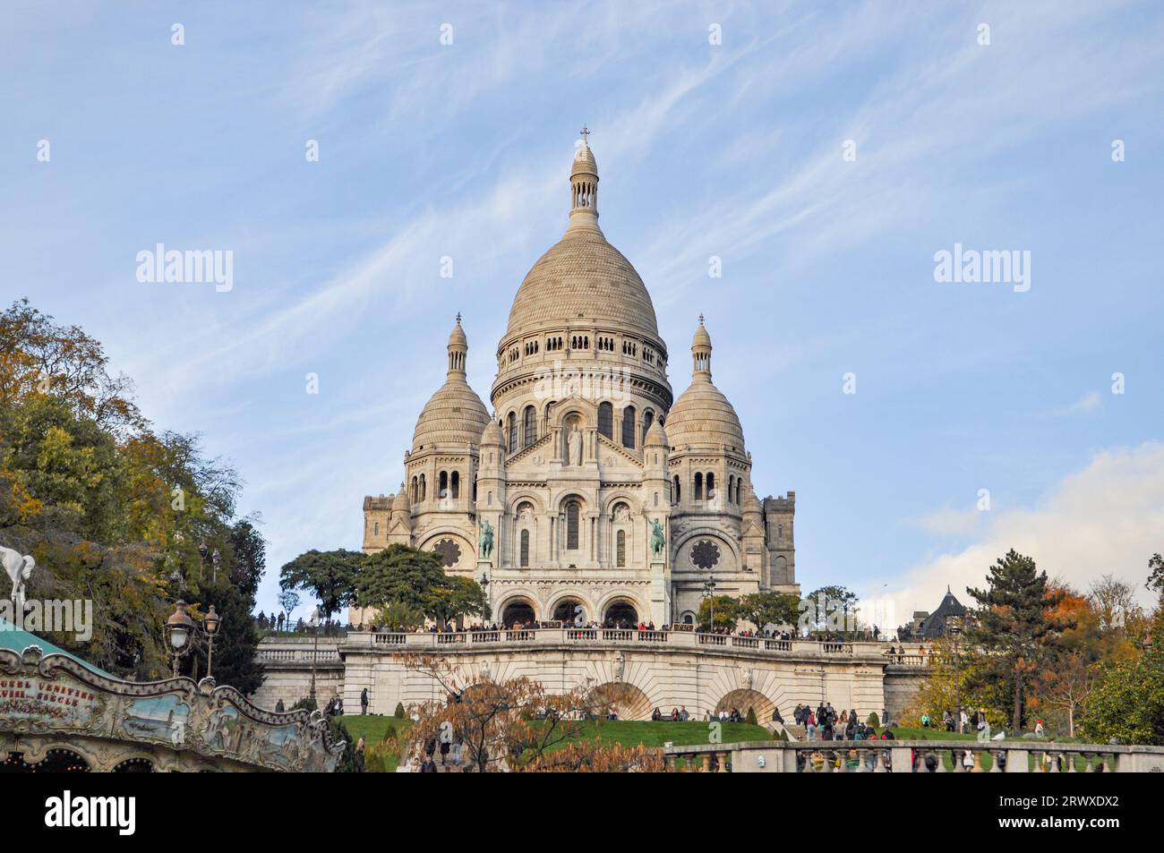 A full front view of the South façade main entrance of the Roman Catholic church, the Sacré Coeur Basilica, in Montmartre, Paris, France Stock Photo