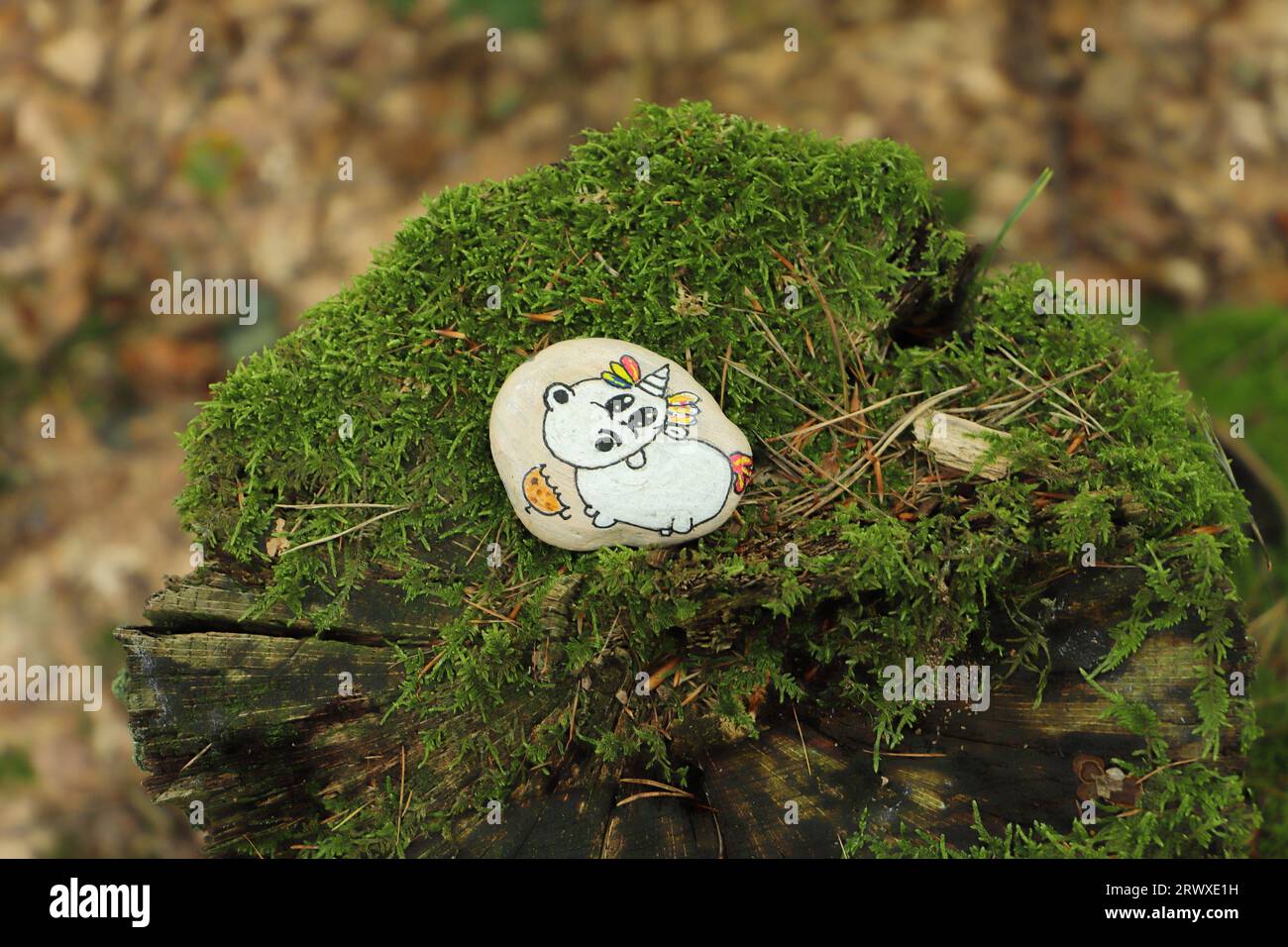 a colorfully painted pebble in the forest Stock Photo