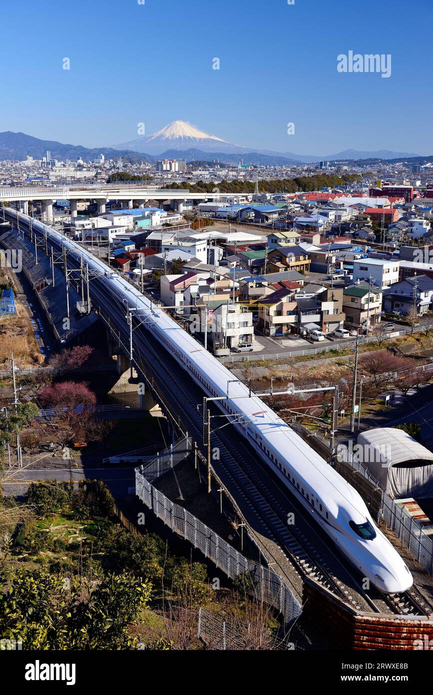 Tokaido Shinkansen and Mt. Fuji from Suruga-ku, Shizuoka City, Shizuoka Prefecture Stock Photo