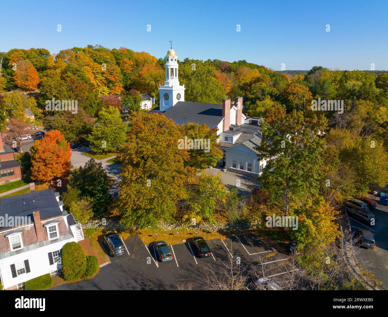 First Parish Church aerial view at 20 Lexington Street in fall with