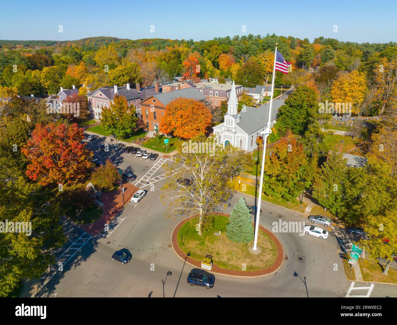 Concord Monument Square aerial view including Holy Family Parish Church