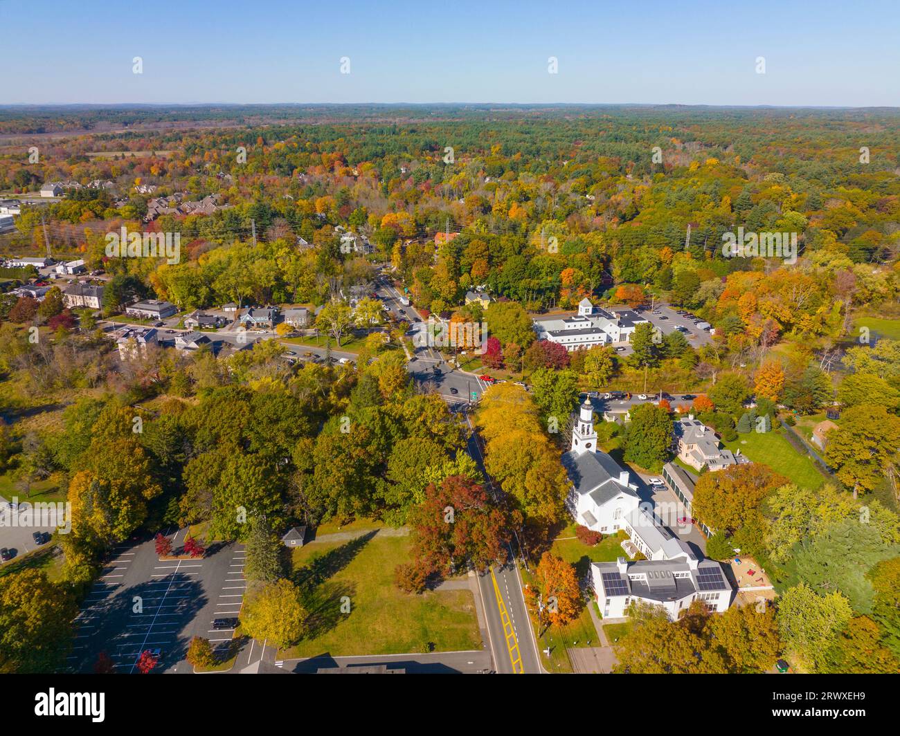 Wayland historic town center aerial view in fall with fall foliage at