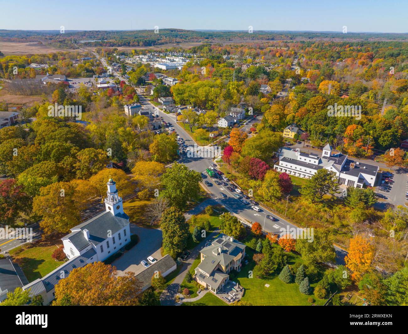 Wayland historic town center aerial view in fall with fall foliage at