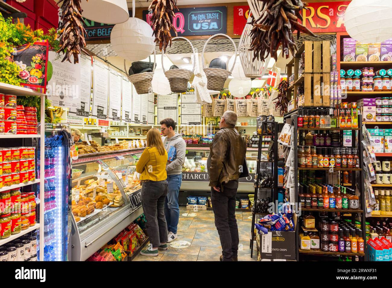 Sawers Ltd, a famous deli and fine food shop cafe in Belfast, Northern Ireland. Interior view of shop. Stock Photo