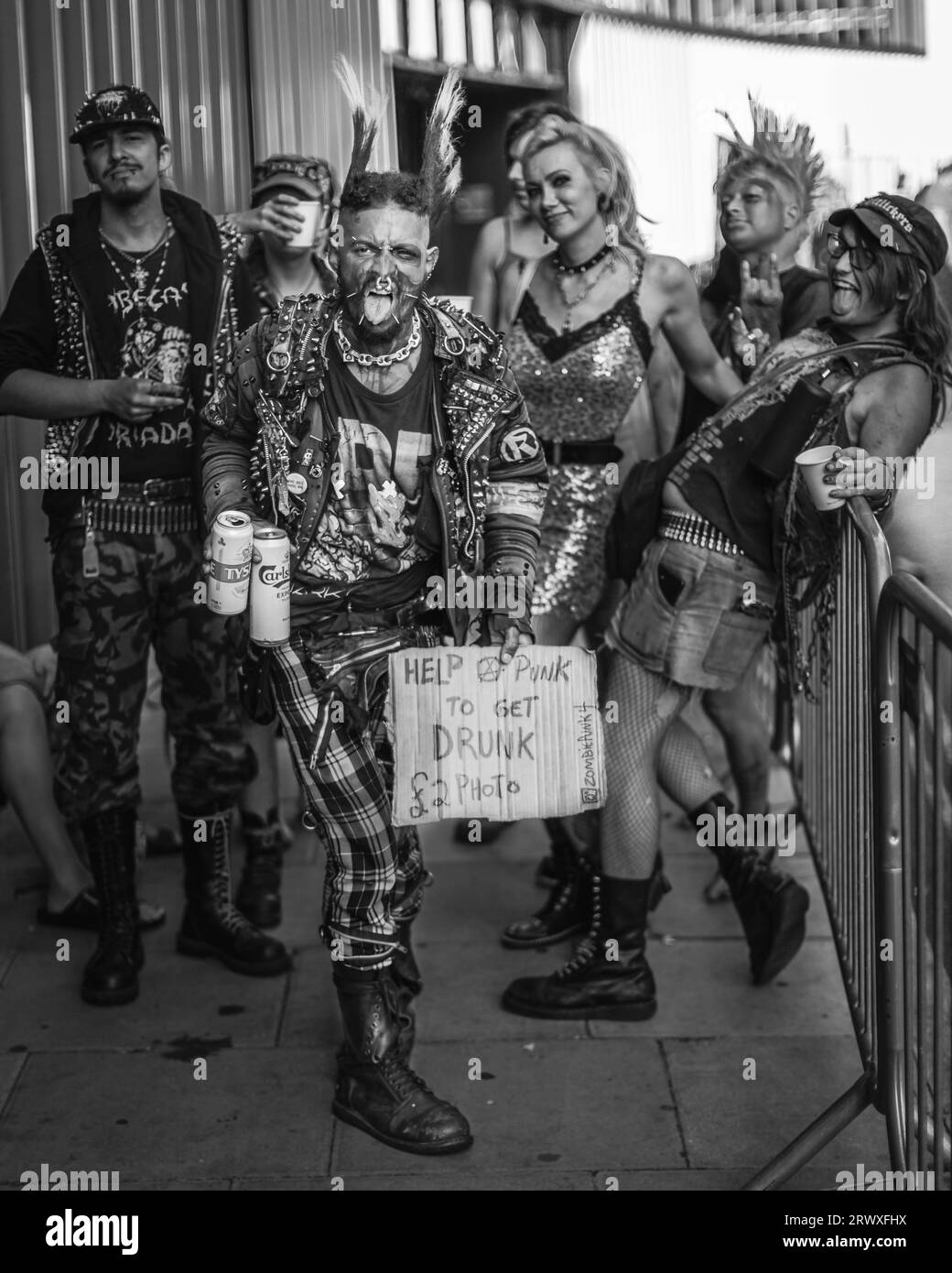 A black and white image of a group of punks at the Music Walk Of Fame festival in Camden. Stock Photo
