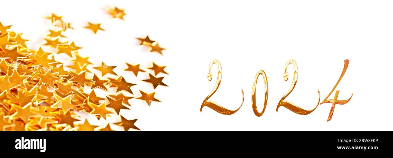 Golden numbers 2024 with christmas table stars ornaments on white