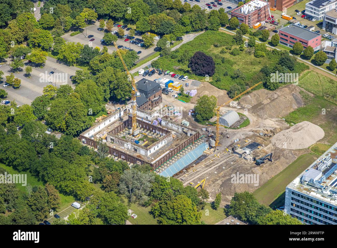 Aerial view, construction site and new building at TZ Technisches Zentrum RUB, Querenburg, Bochum, Ruhrgebiet, North Rhine-Westphalia, Germany, Constr Stock Photo