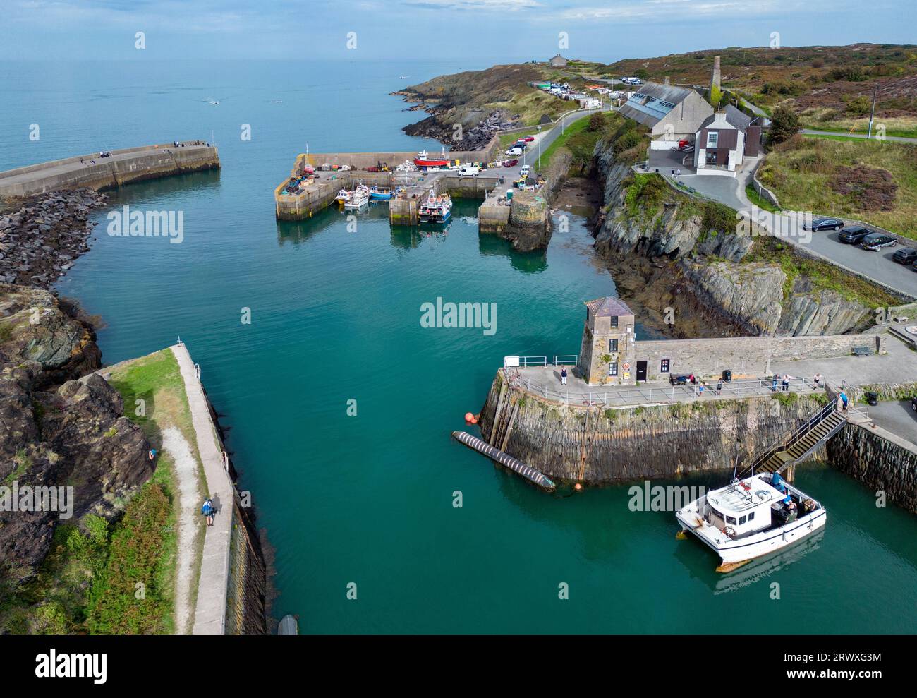 Aerial view of the harbor at Amlwch on the island of Anglesey in north Wales in the United Kingdom. Stock Photo