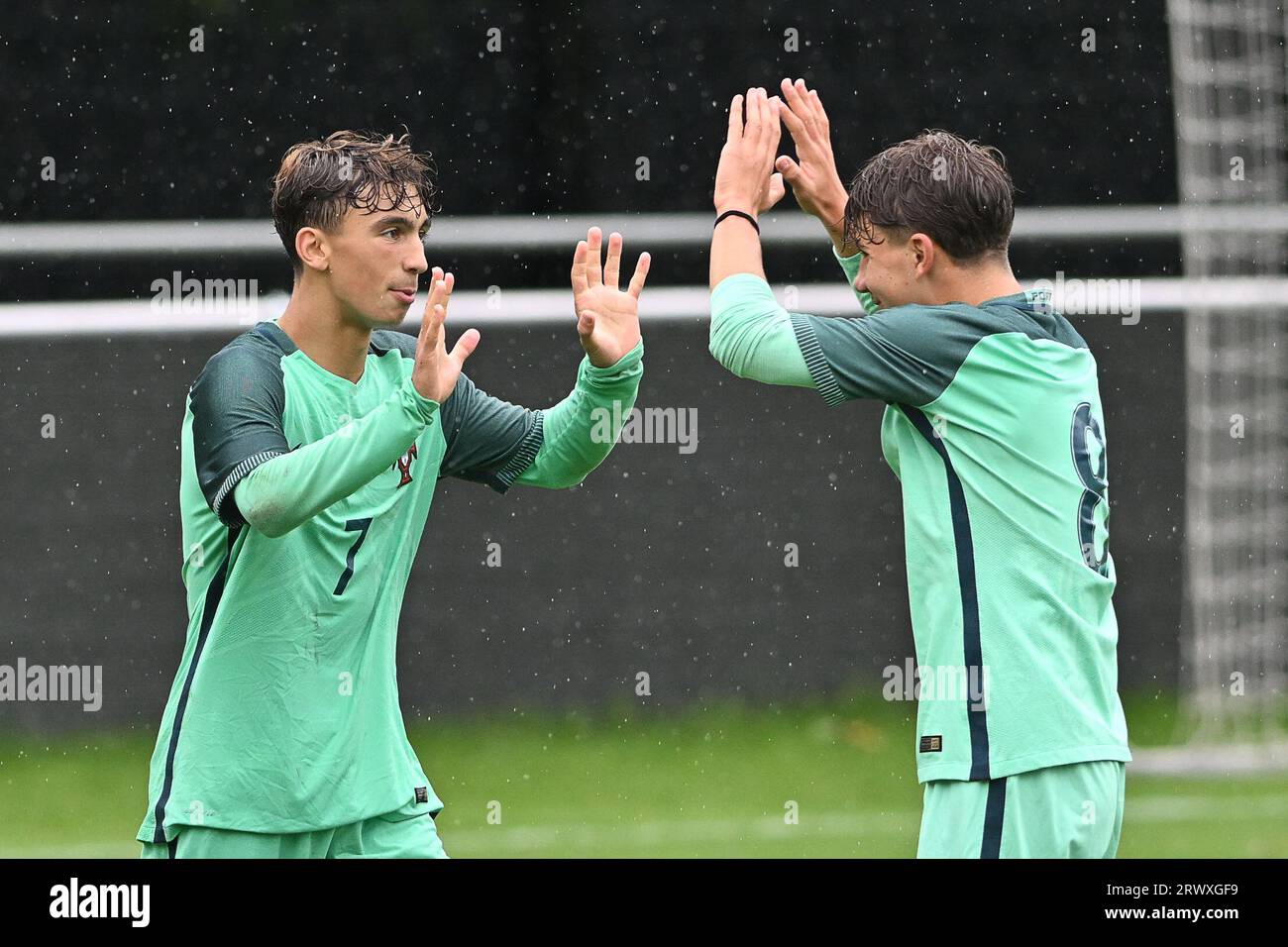 Oostakker, Belgium. 21st Sep, 2023. Joao Aragao (7) of Portugal celebrates his 2nd goal pictured during a friendly soccer game between the national under 16 teams of Turkey and Portugal on Thursday 21 September 2023 in Oostakker, Belgium . Credit: sportpix/Alamy Live News Stock Photo