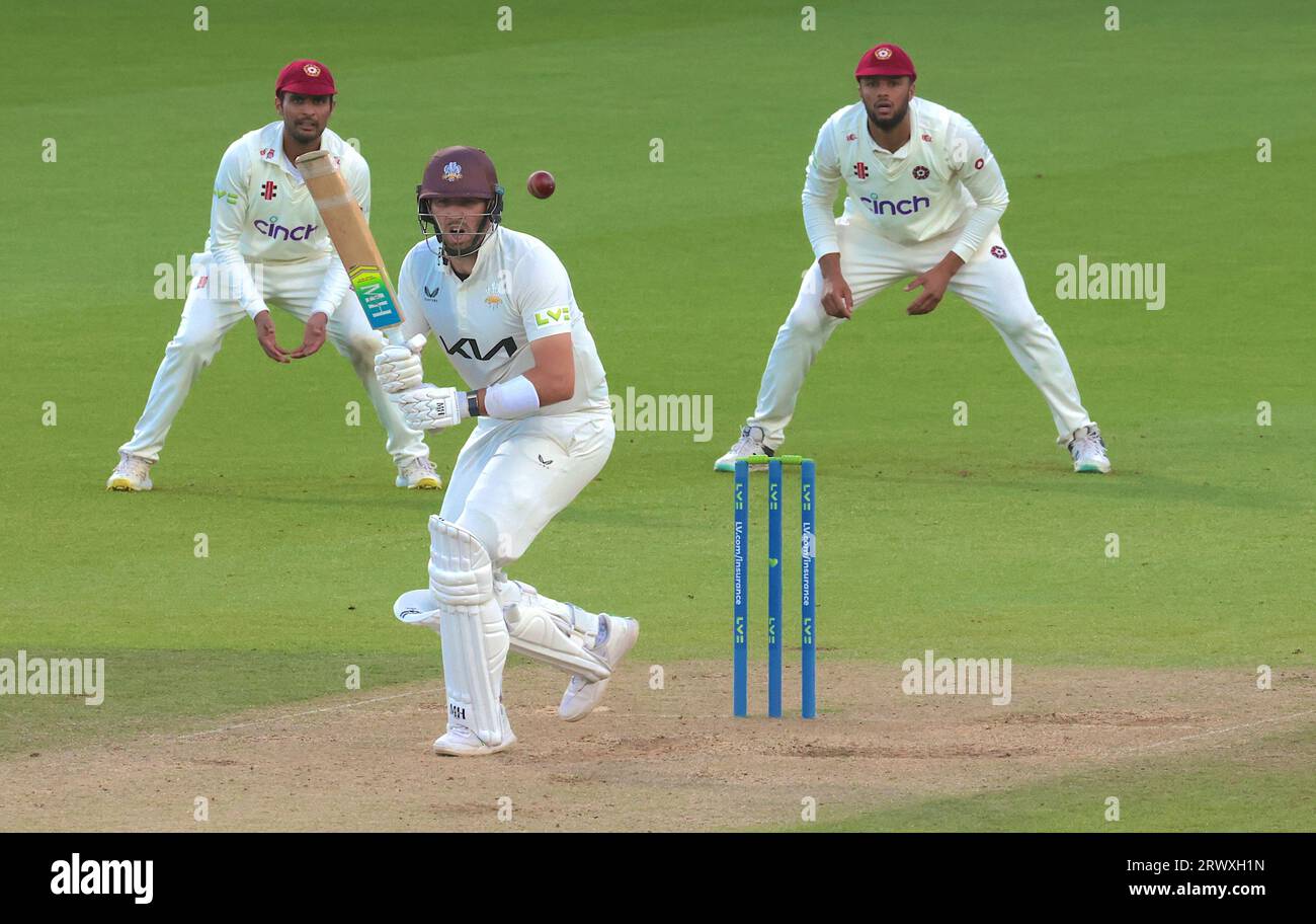 London, UK. 21st Sep, 2023. Surrey's Jamie Overton batting as Surrey take on Northamptonshire in the County Championship at the Kia Oval, day three. Credit: David Rowe/Alamy Live News Stock Photo