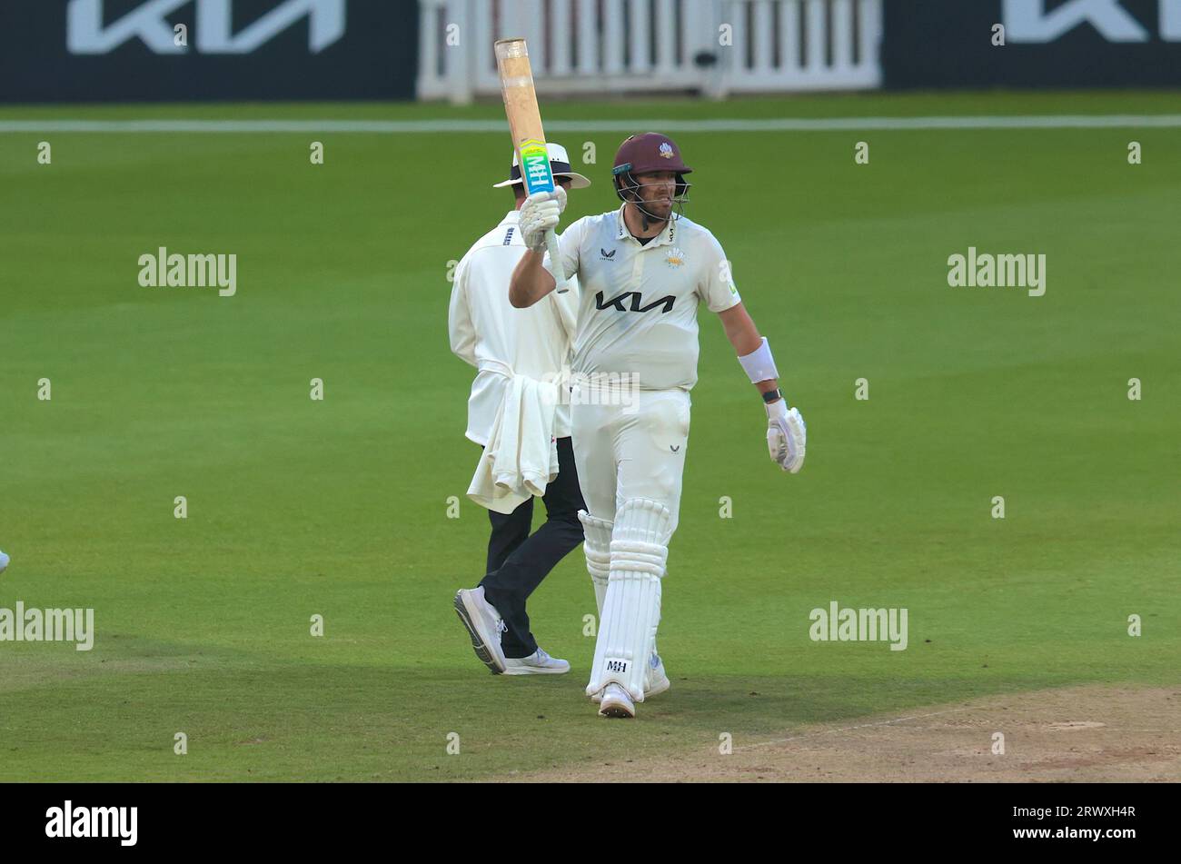 London, UK. 21st Sep, 2023. Surrey's Jamie Overton gets his fifty as Surrey take on Northamptonshire in the County Championship at the Kia Oval, day three. Credit: David Rowe/Alamy Live News Stock Photo