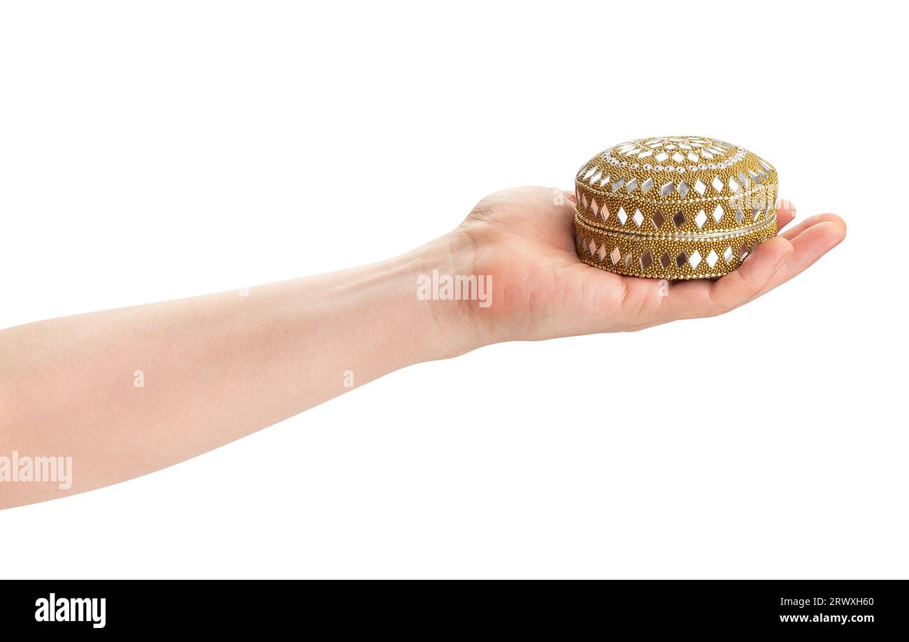 indian jewelry box in hand path isolated on white Stock Photo