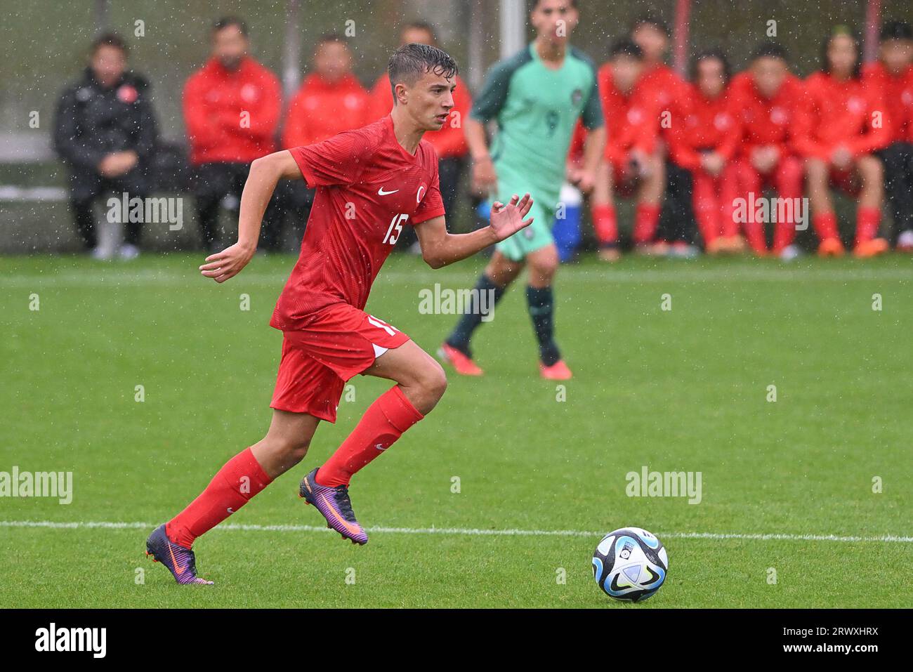 Oostakker, Belgium. 21st Sep, 2023. Enes Caliskan (15) of Turkey pictured during a friendly soccer game between the national under 16 teams of Turkey and Portugal on Thursday 21 September 2023 in Oostakker, Belgium . Credit: sportpix/Alamy Live News Stock Photo