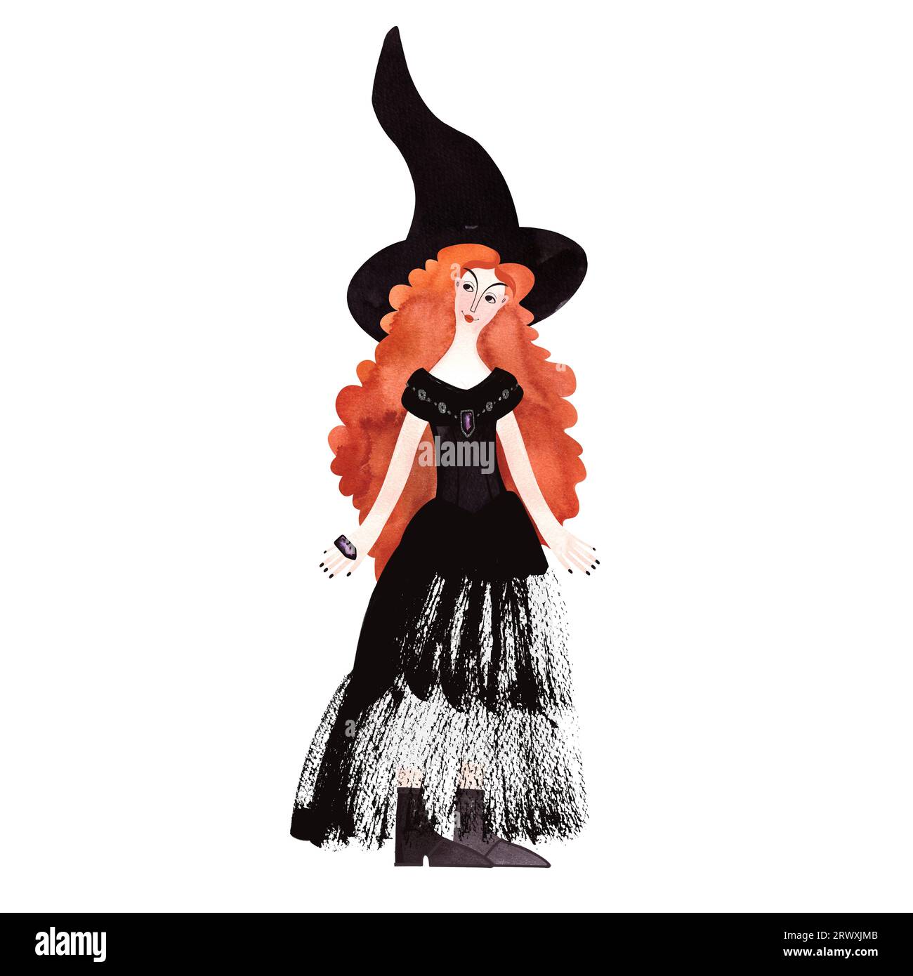 A slender, beautiful, smiling, cheerful young witch with a head of bright red curls in a tight black evening dress with a tulle skirt and amethyst jew Stock Photo