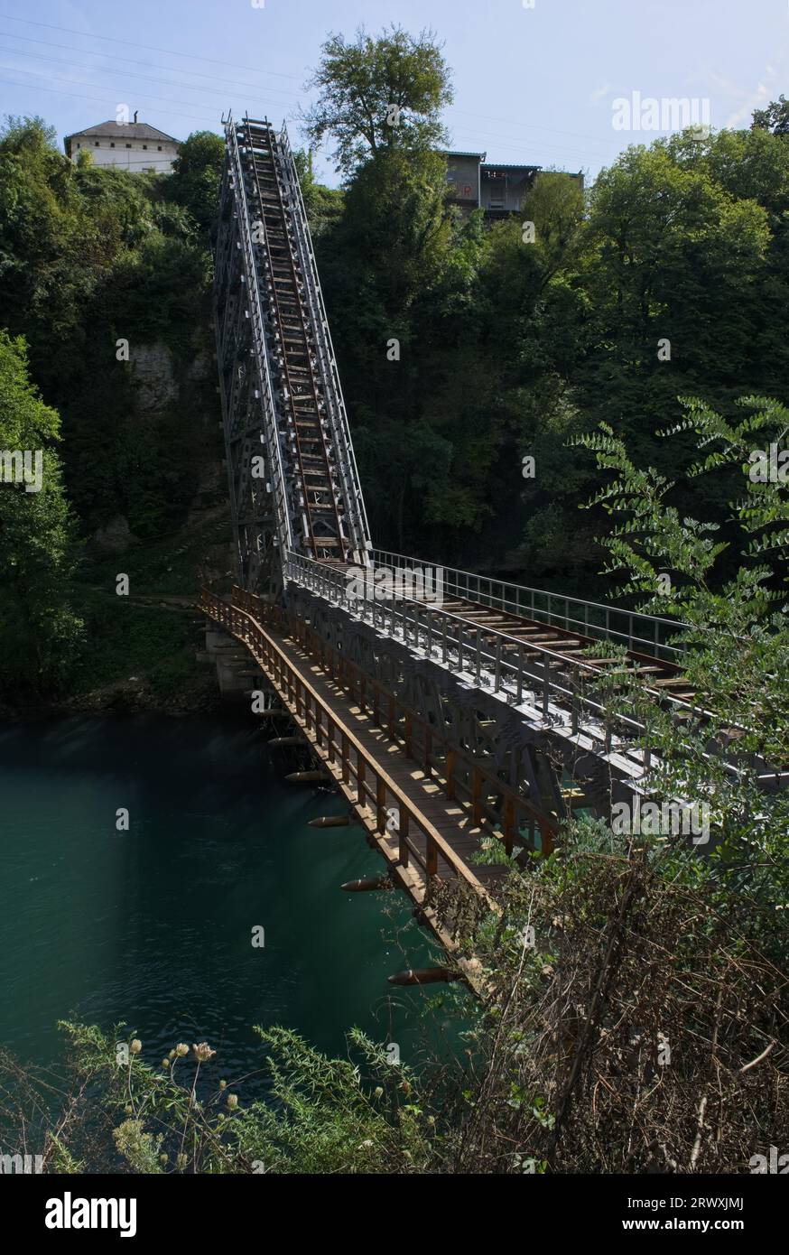 Jablanica, Bosnia and Herzegovina - Sep 18, 2023: Old Neretva Train Bridge. Memorial of the Battle on the Neretva Stock Photo