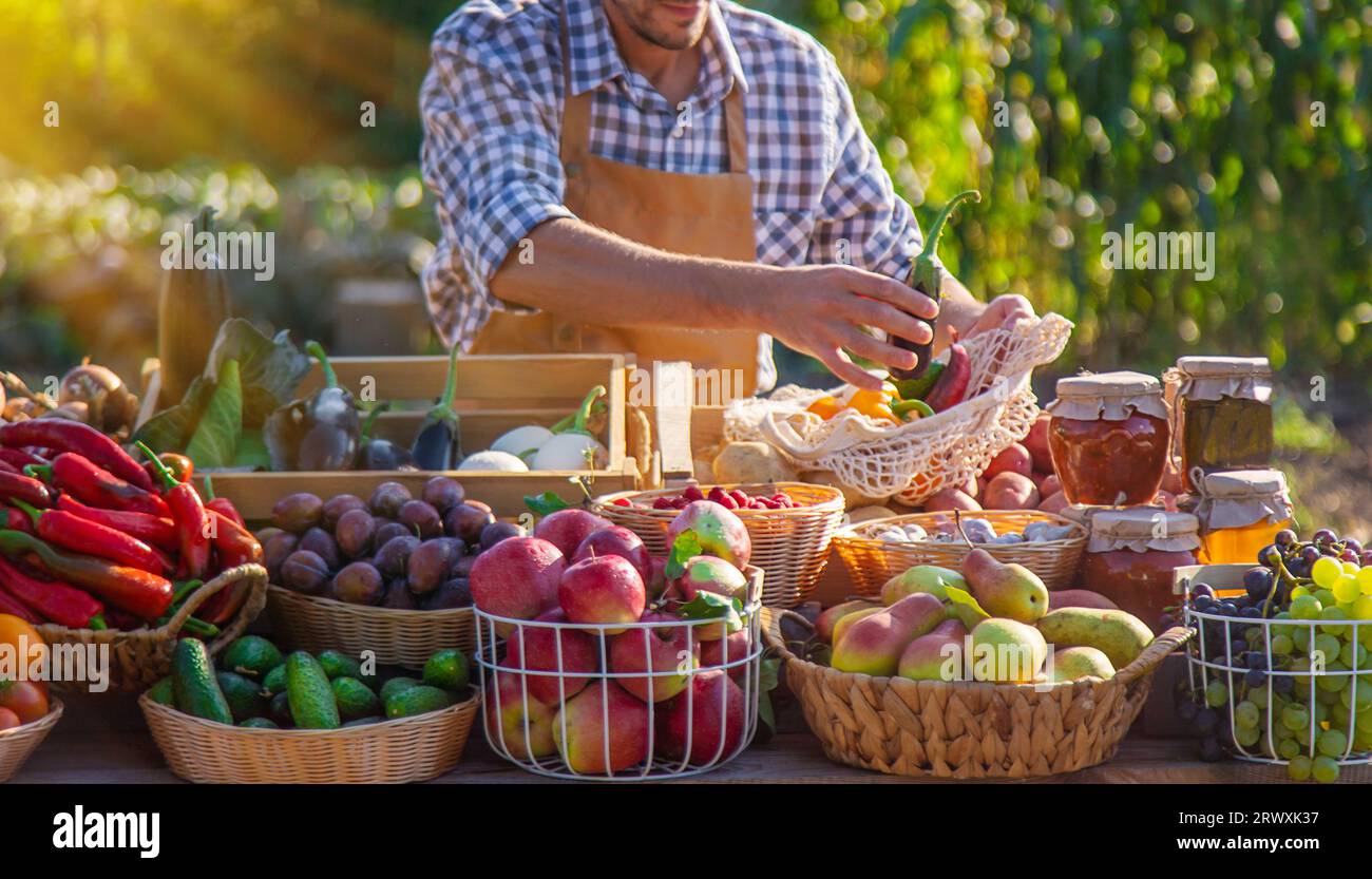 The farmer sells fruits and vegetables at the farmers market. Selective ...