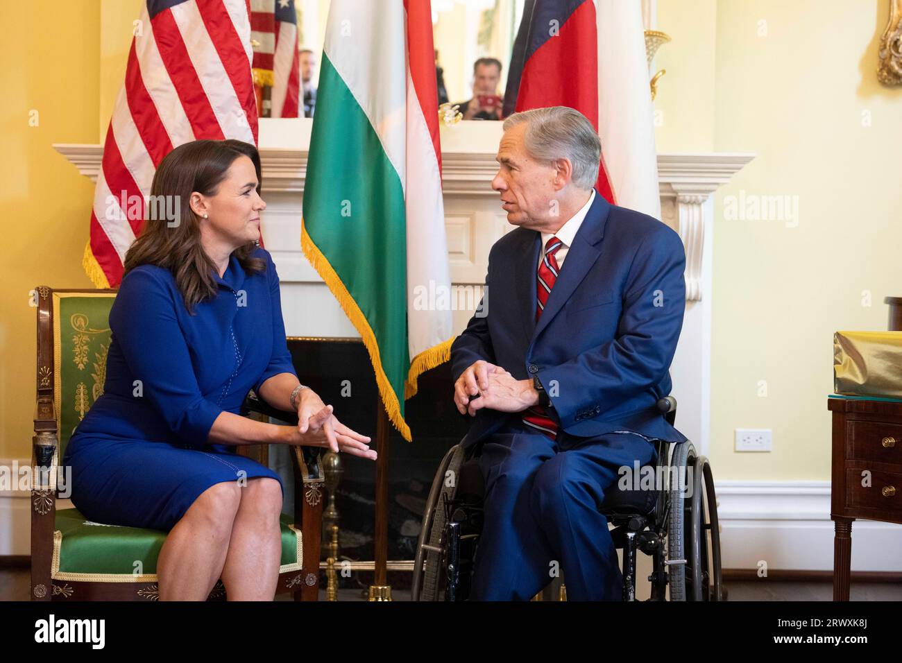 Austin Texas USA, September 21 2023: Hungarian President KATALIN NOVÁK visits with Texas Governor GREG ABBOTT at the Governor's Mansion in Austin to talk trade and economic development. Novák, who took office in 2022, is the first female president of Hungary. Credit: Bob Daemmrich/Alamy Live News Stock Photo