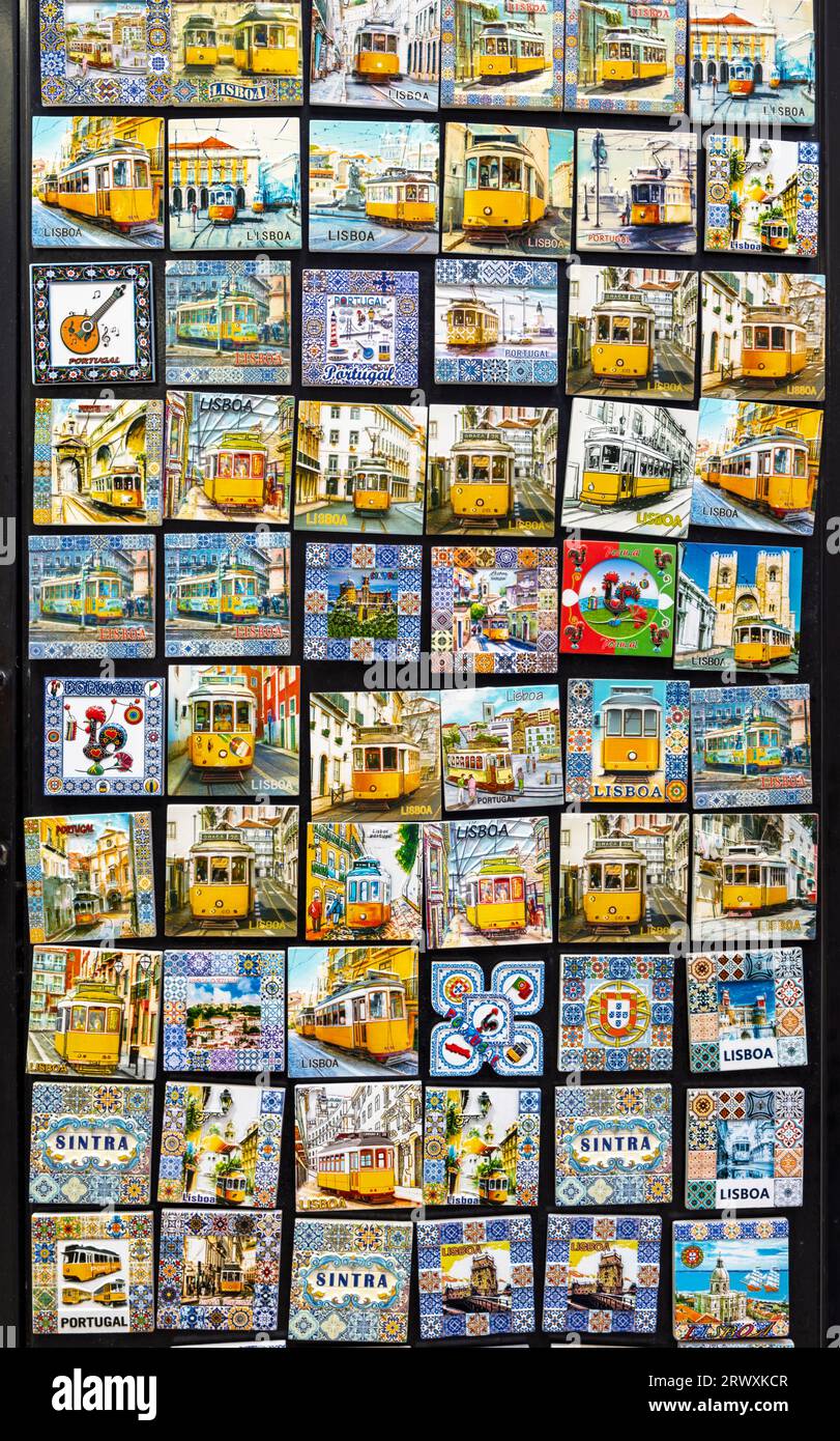 Ceramic fridge magnets of trams and azulejo tiles, Lisbon, Portugal Stock Photo