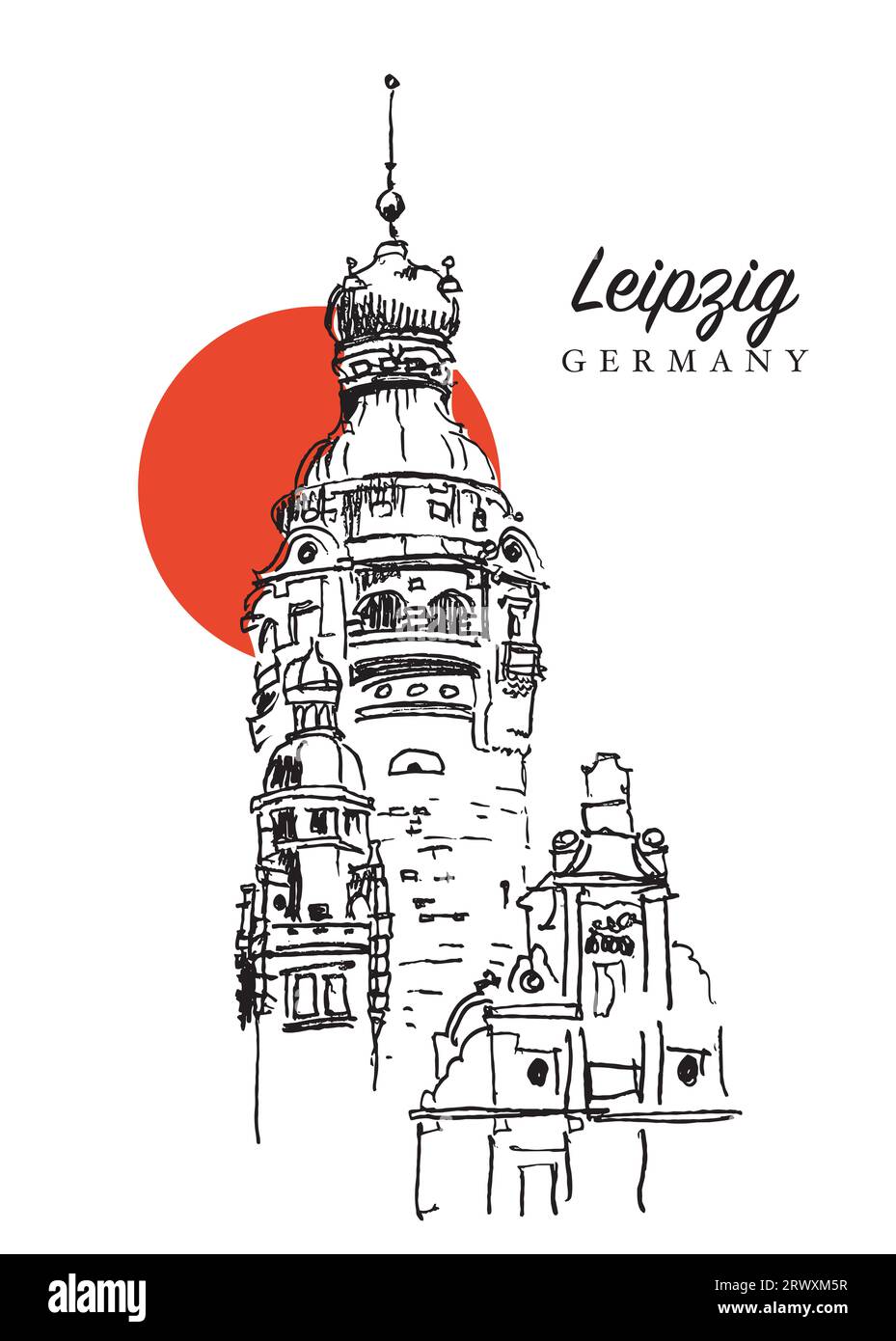 Vector hand drawn sketch illustration of the Neues Rathaus, the New Town Hall of Leipzig, Saxony, Germany. Stock Photo