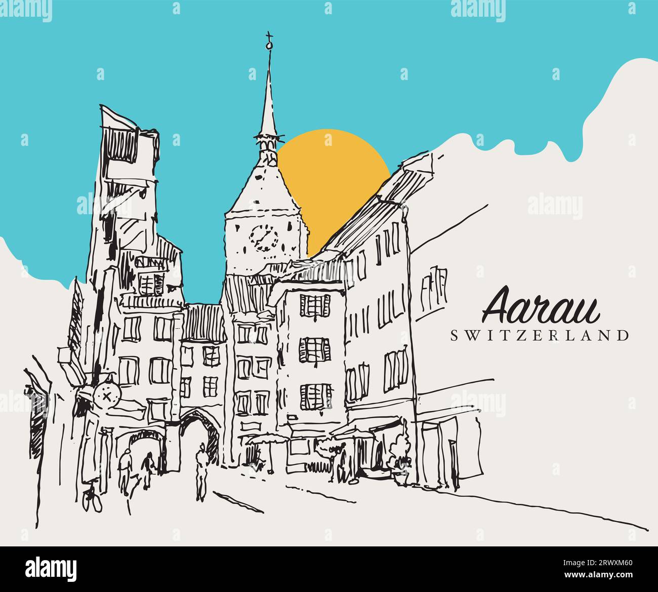 Vector hand drawn sketch illustration of a medieval street in Aarau canton in Switzerland. Stock Photo