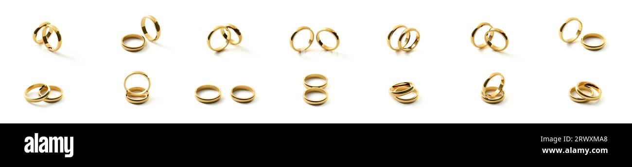 Engagement shiny smooth gold rings set of views isolated white. Elevated view. Stock Photo