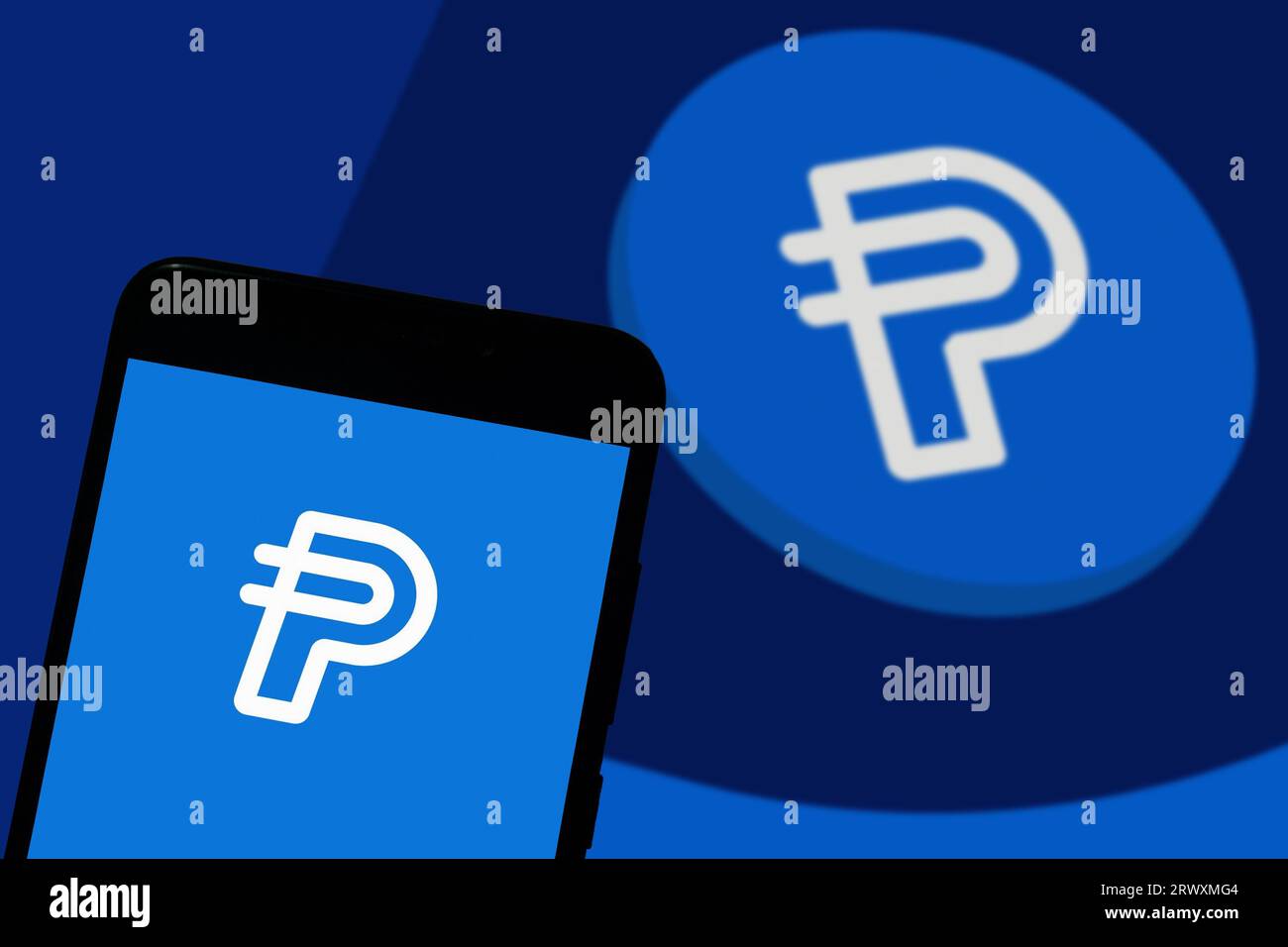 Buenos Aires, Argentina; 08-10-2023: the logo of PYUSD on a smartphone. PayPal has launched his new Dollar Stablecoin. Stock Photo