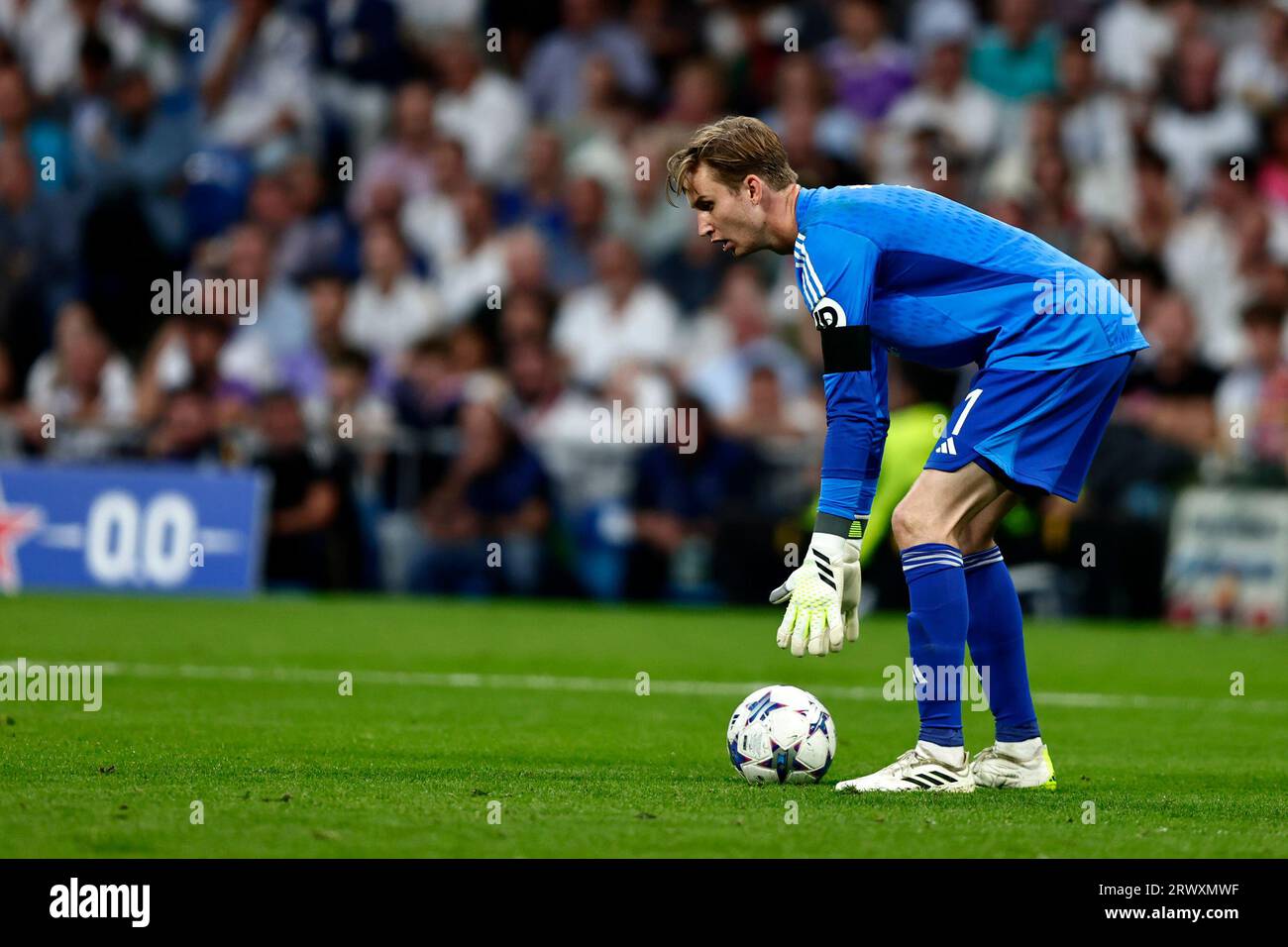 Frederik Ronnow of FC Union Berlin in action during the Uefa Champions League match beetween Real Madrid CF and Fc Union Berlin at Santiago Bernabeu Stadium on September 20, 2023 in Madrid, Spain . Stock Photo