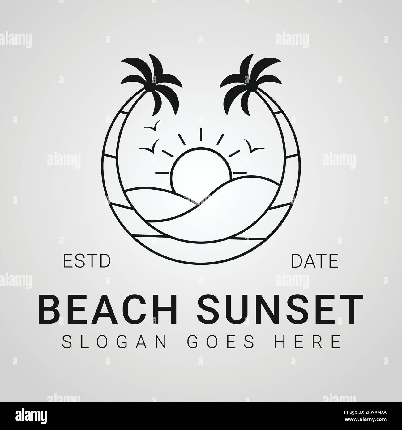 Beach Sunset Badge Logo Design Summer Vacation Logotype Sun Waves Line Art Icon Stock Vector