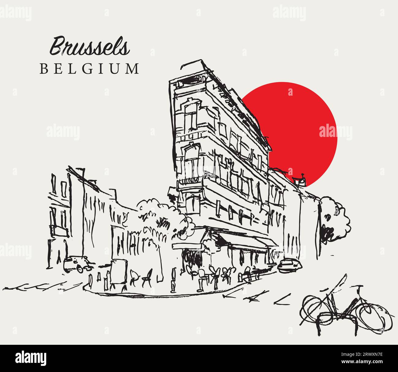 Vector hand drawn sketch illustration of a street in Brussels, Belgium ...