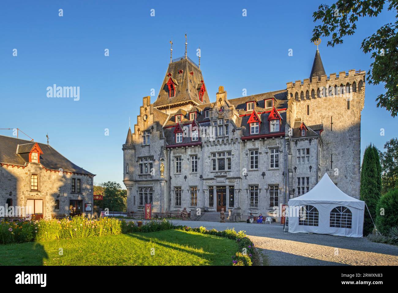 Radhadesh / Château de Petite-Somme, neo-Gothic castle owned by the Hare Krishna movement ISKCON near Durbuy, Luxembourg, Wallonia, Belgium Stock Photo