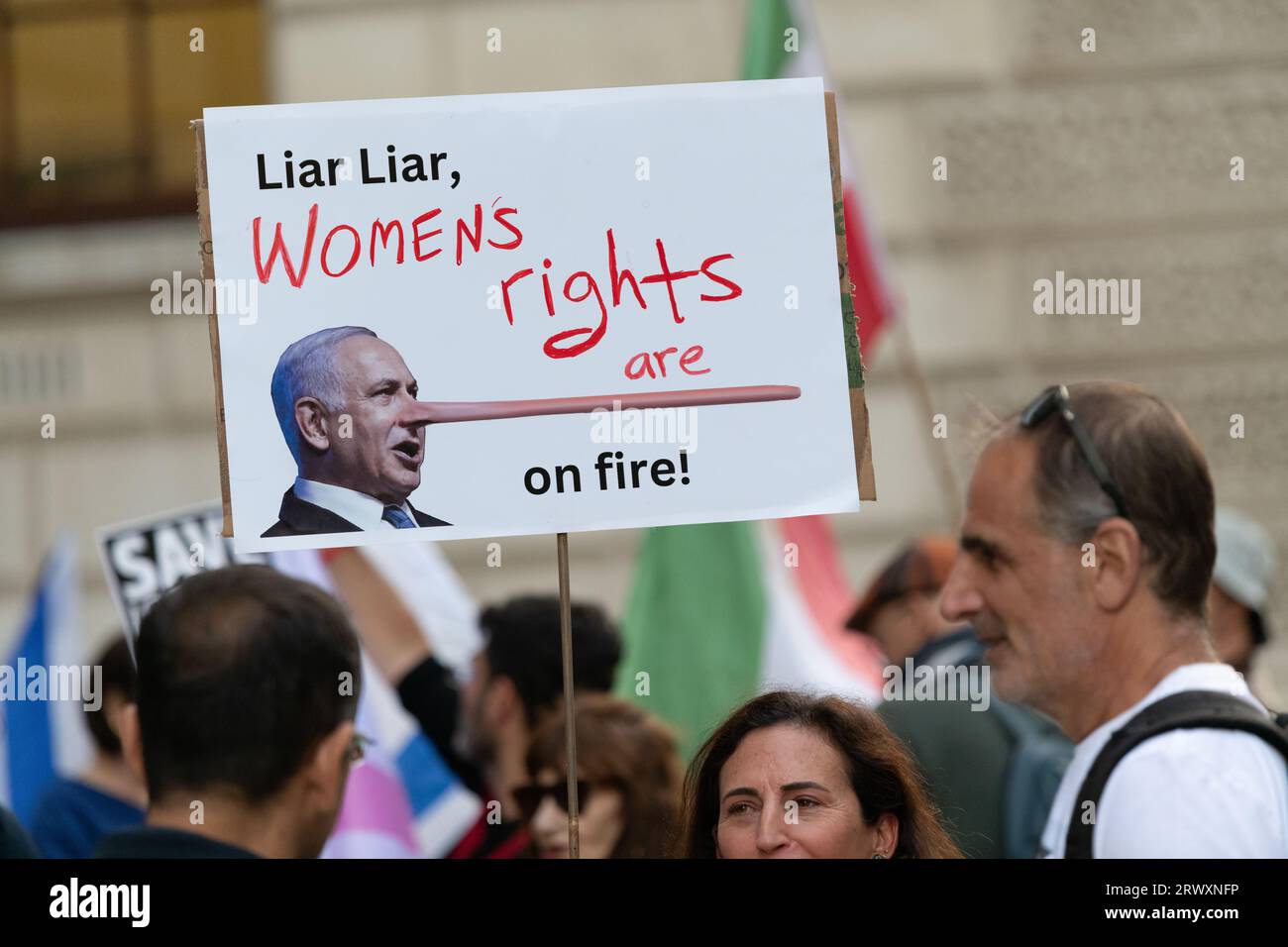 London, UK. 21 September, 2023. Anglo-Israeli democrats protest outside the Foreign, Commonwealth & Development Office on the eve of a speech by right-wing Israeli Prime Minister Benjamin Netanyahu at the UN General Assembly in New York, U.S. Credit: Ron Fassbender/Alamy Live News Stock Photo